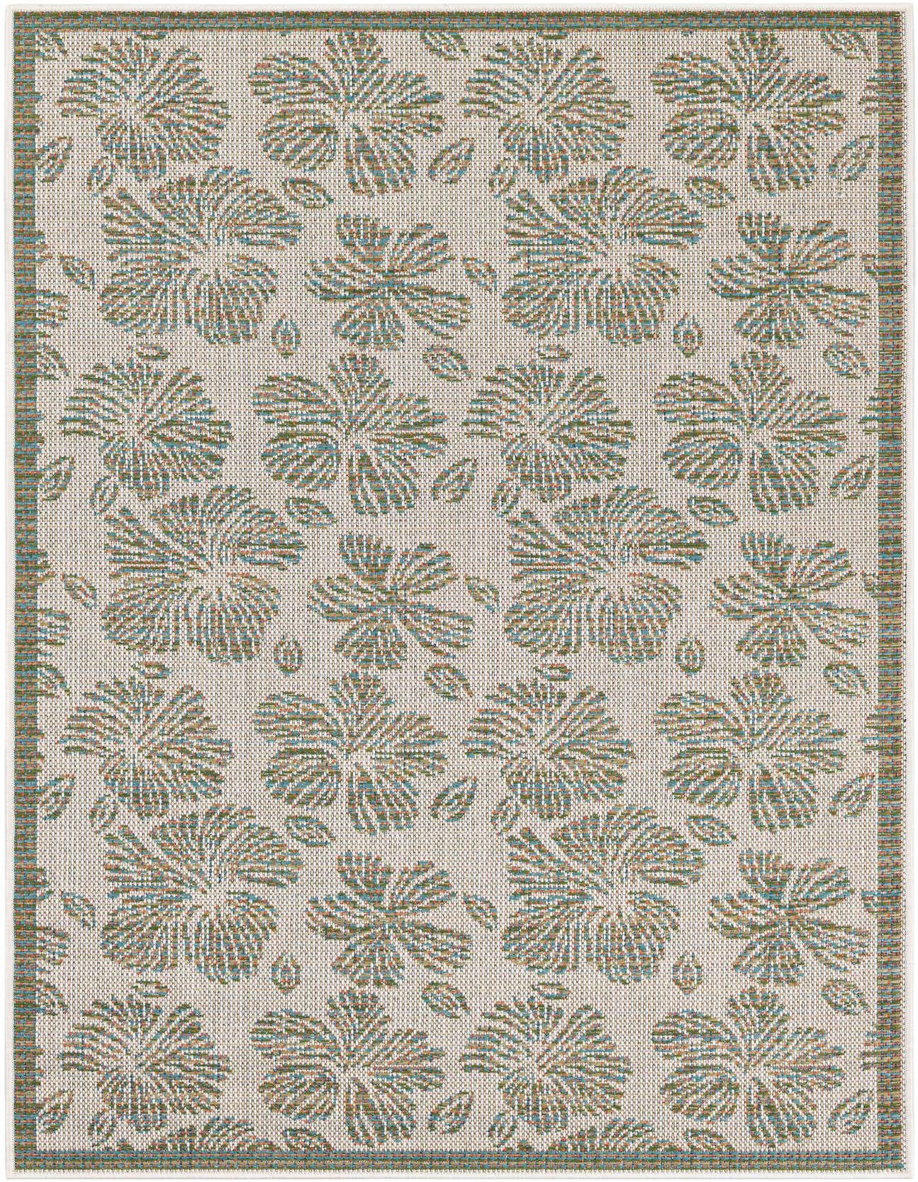 A 4x6 rectangular indoor/outdoor rug featuring a modern floral pattern in brown, tan, and teal on an ivory background.
