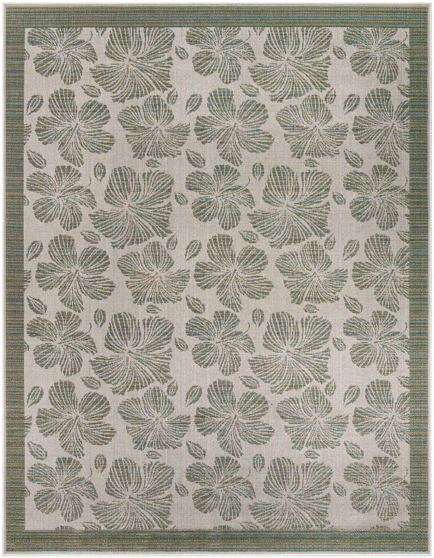 8x10 rectangular indoor/outdoor rug with a modern brown and ivory hibiscus pattern and a striped border.