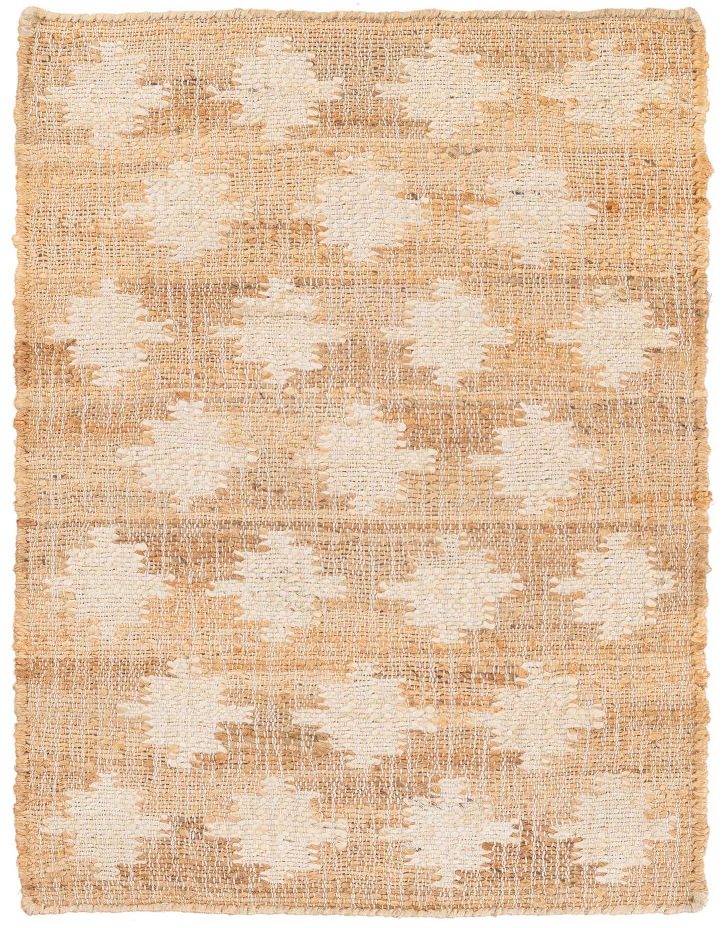 A 2x3 rectangular Rugs.com Kala Handwoven Jute rug featuring a natural tan and cream geometric pattern, showcasing its textured, eco-friendly design.