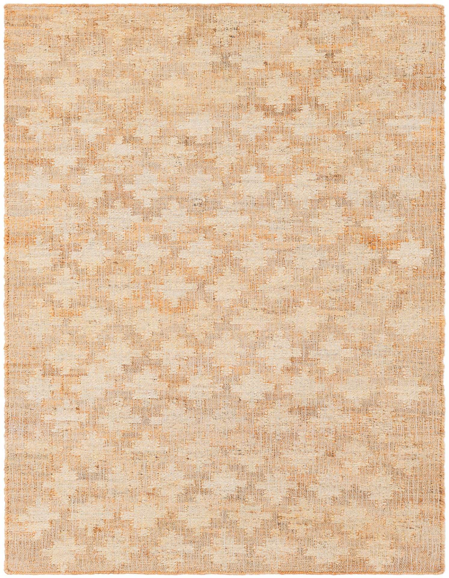 A 4x6 rectangular Rugs.com Kala Handwoven Jute rug in natural brown and cream with a subtle modern pattern, suitable for various indoor rooms.