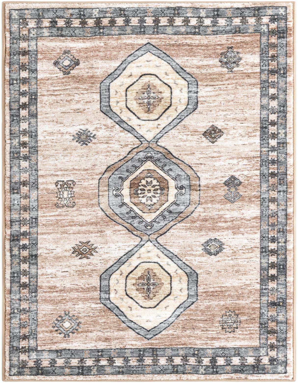 A 3x5 rectangular brown and ivory rug with a central geometric medallion pattern and a decorative border.
