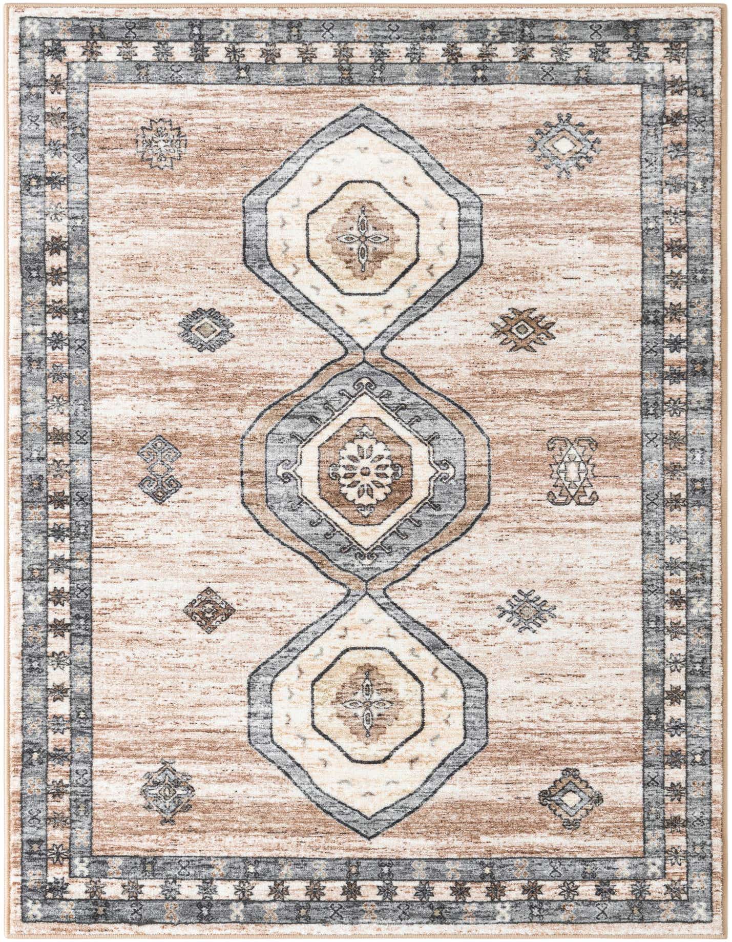 A rectangular 4x6 brown and ivory area rug with a distressed tribal pattern and a dark gray border.