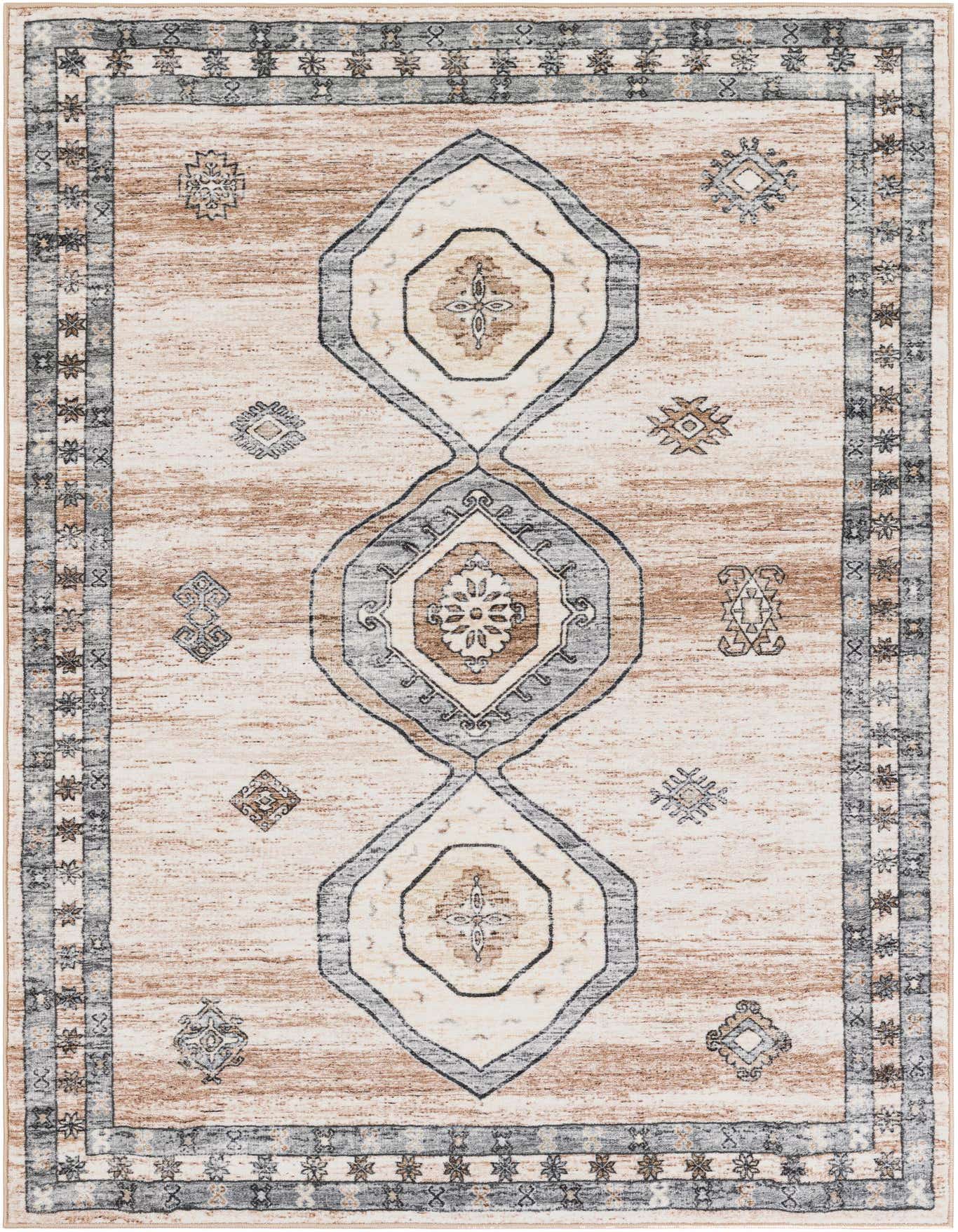 A 5x8 rectangular modern rug featuring a distressed pattern in shades of brown, tan, and cream with geometric motifs.