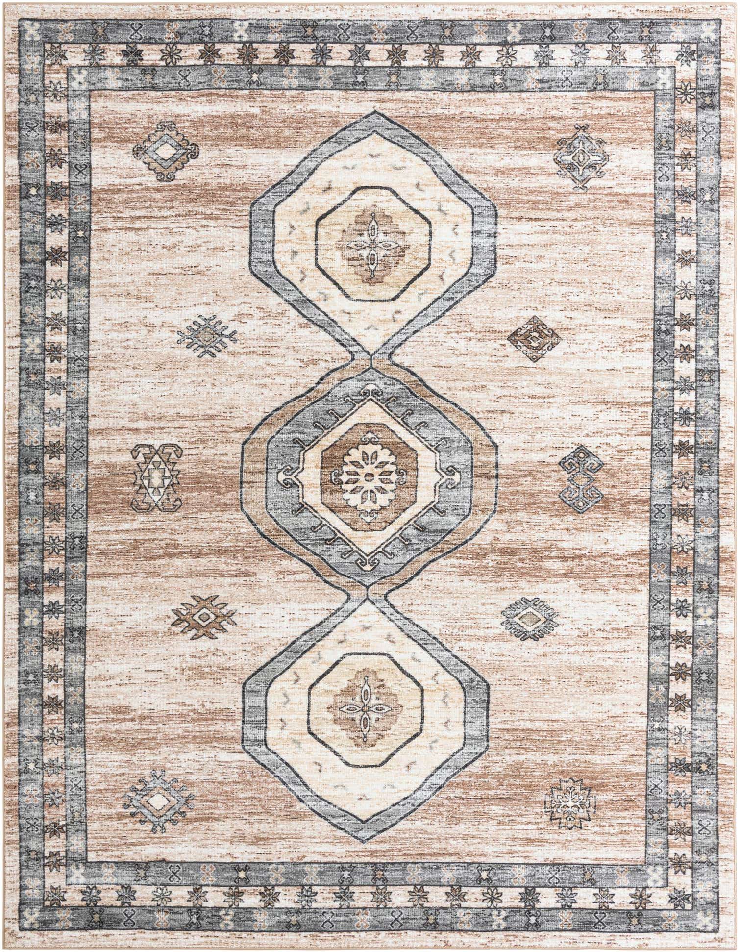 An 8x10 rectangular Medina rug featuring a distressed brown and ivory background with a central geometric pattern in muted blues, grays, and creams.
