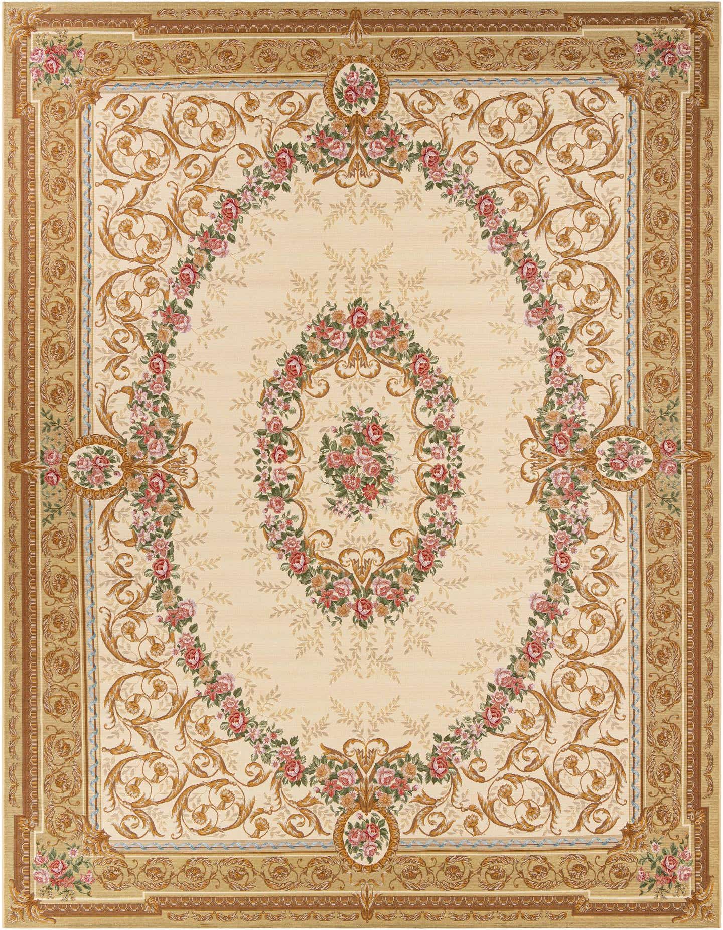 A 10x14 rectangular indoor/outdoor rug with a traditional floral medallion pattern in browns, tans, and creams, featuring a central floral bouquet.