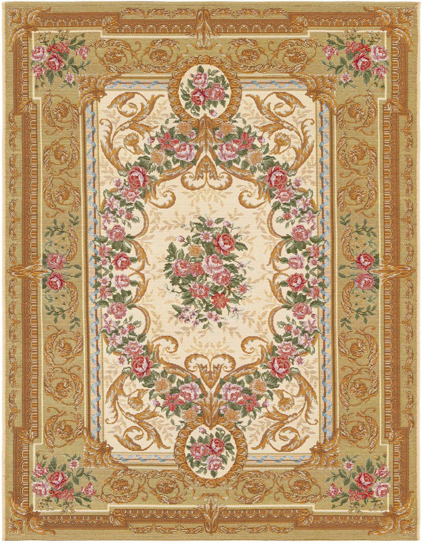 A rectangular 4x6 brown and ivory modern rug with an ornate floral pattern, featuring a large central bouquet and decorative borders.