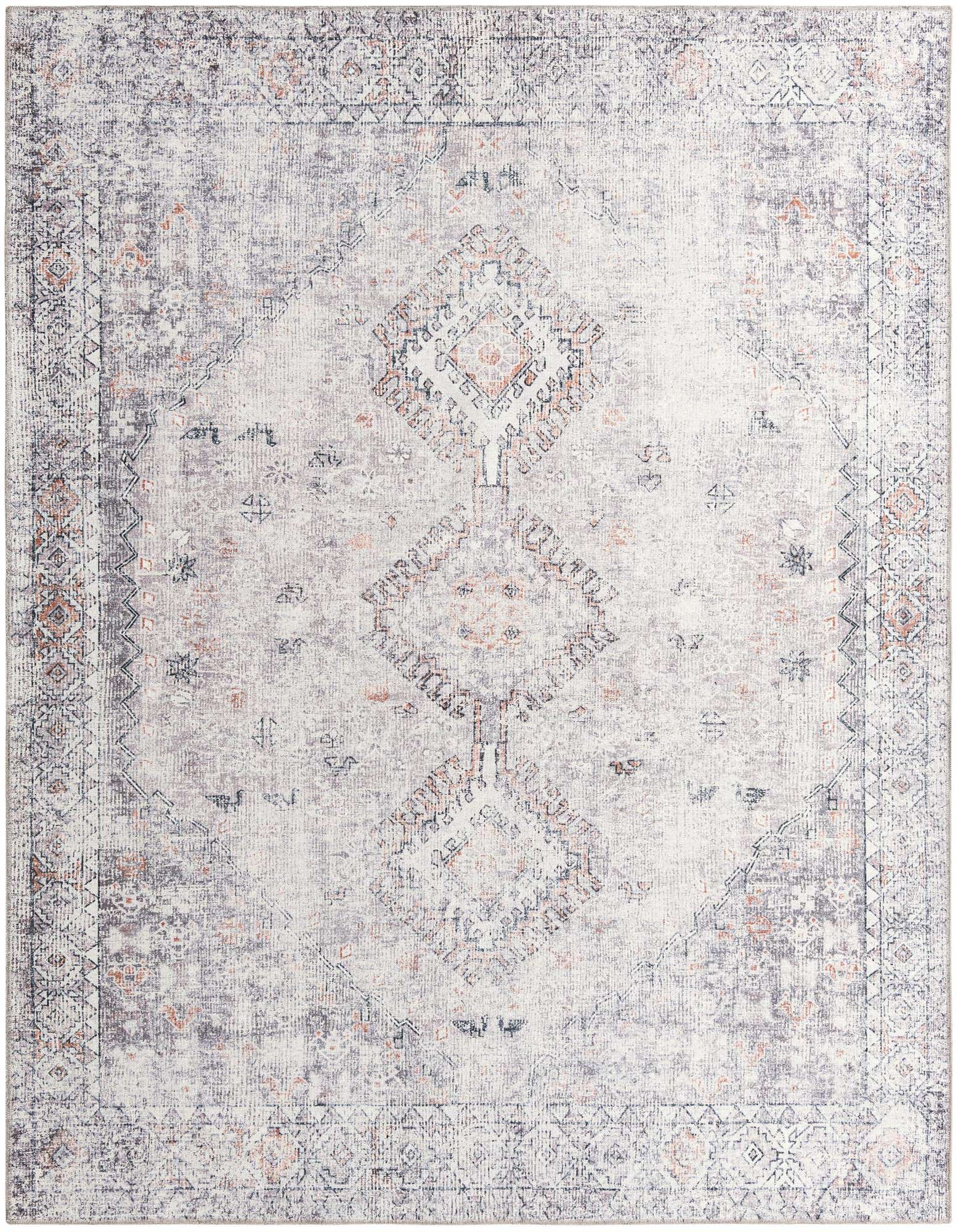 An 8x10 rectangular area rug featuring a distressed bohemian pattern in muted browns, tans, and creams, suitable for a living room.