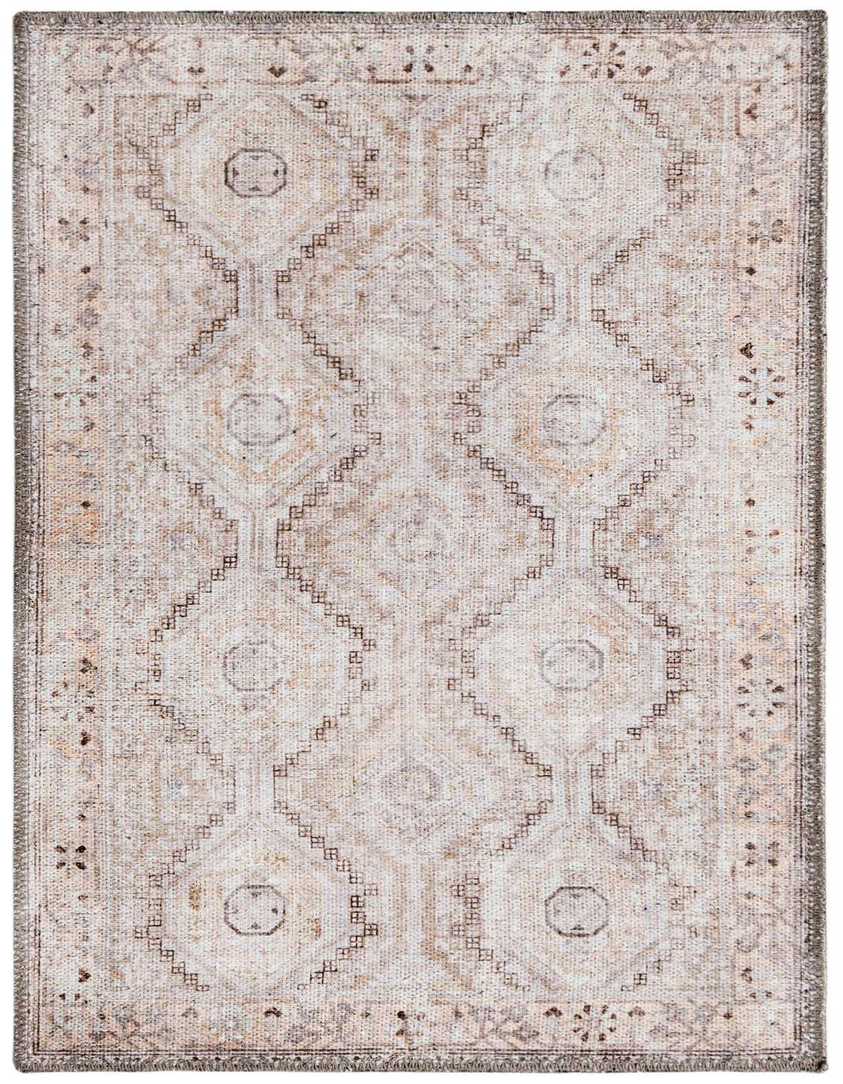 A 2x3 rectangular Rugs.com Yara rug with a distressed geometric pattern in brown, tan, and cream tones.