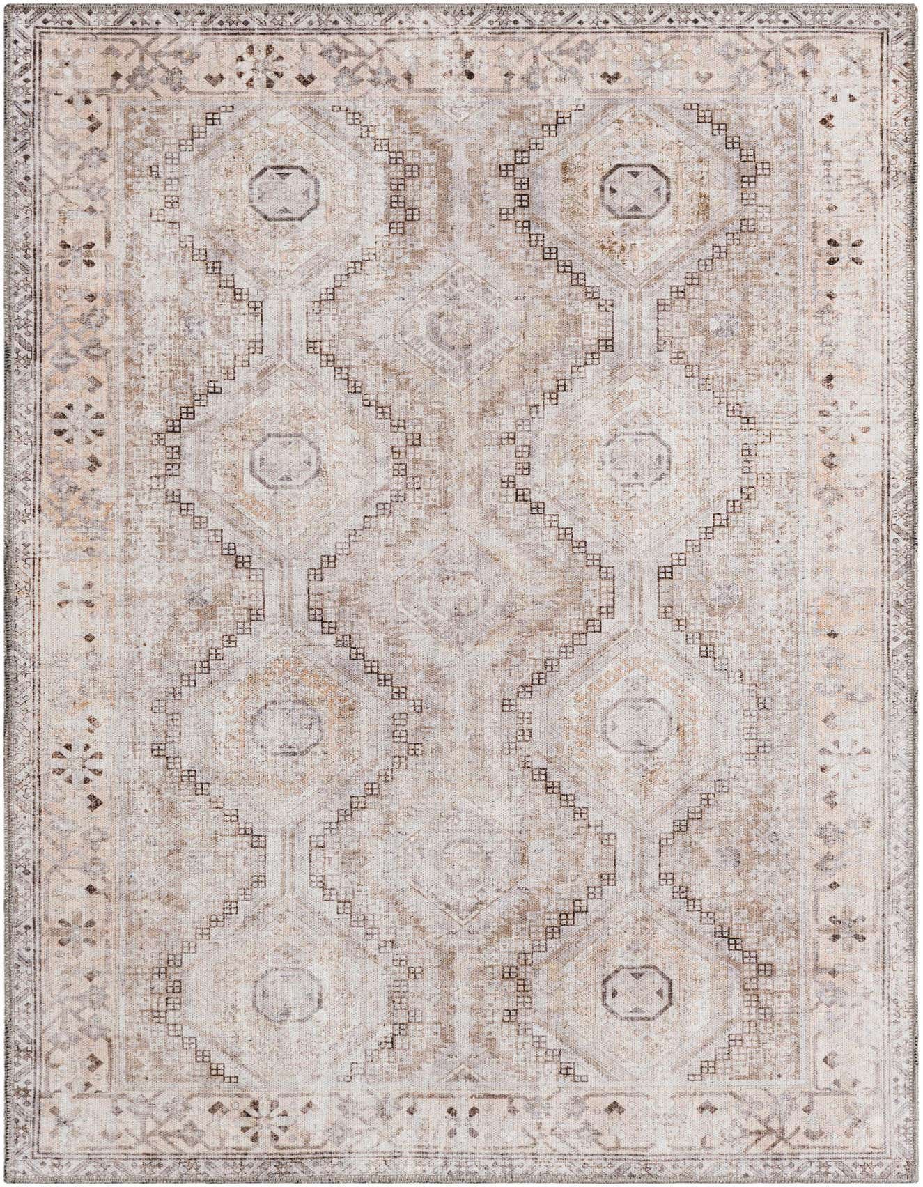 A 4x6 rectangular Yara rug in shades of brown, tan, and cream, featuring an intricate distressed geometric pattern.