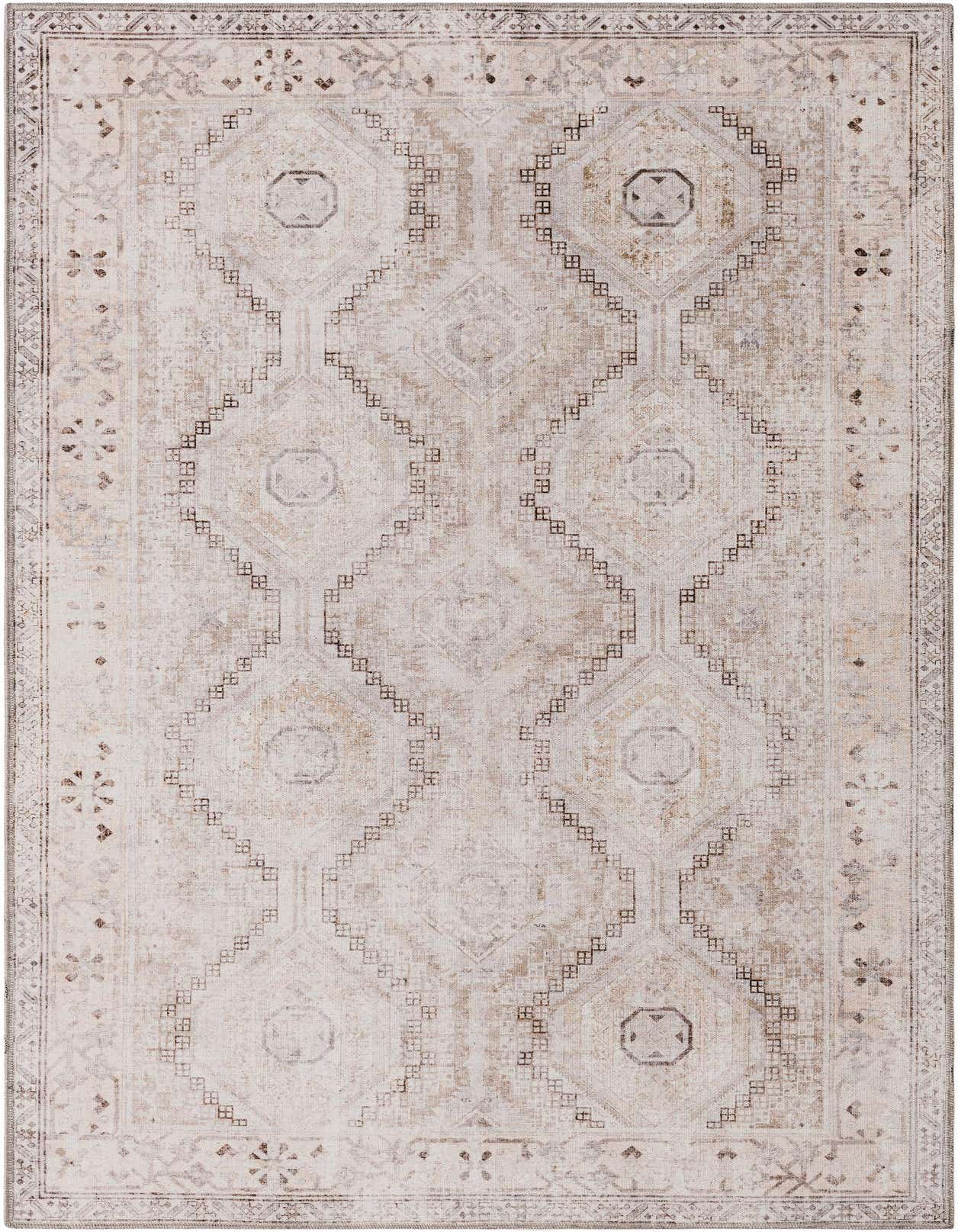 A 5x8 rectangular Yara rug in shades of brown, tan, and cream, featuring an intricate geometric pattern with a distressed, vintage look.