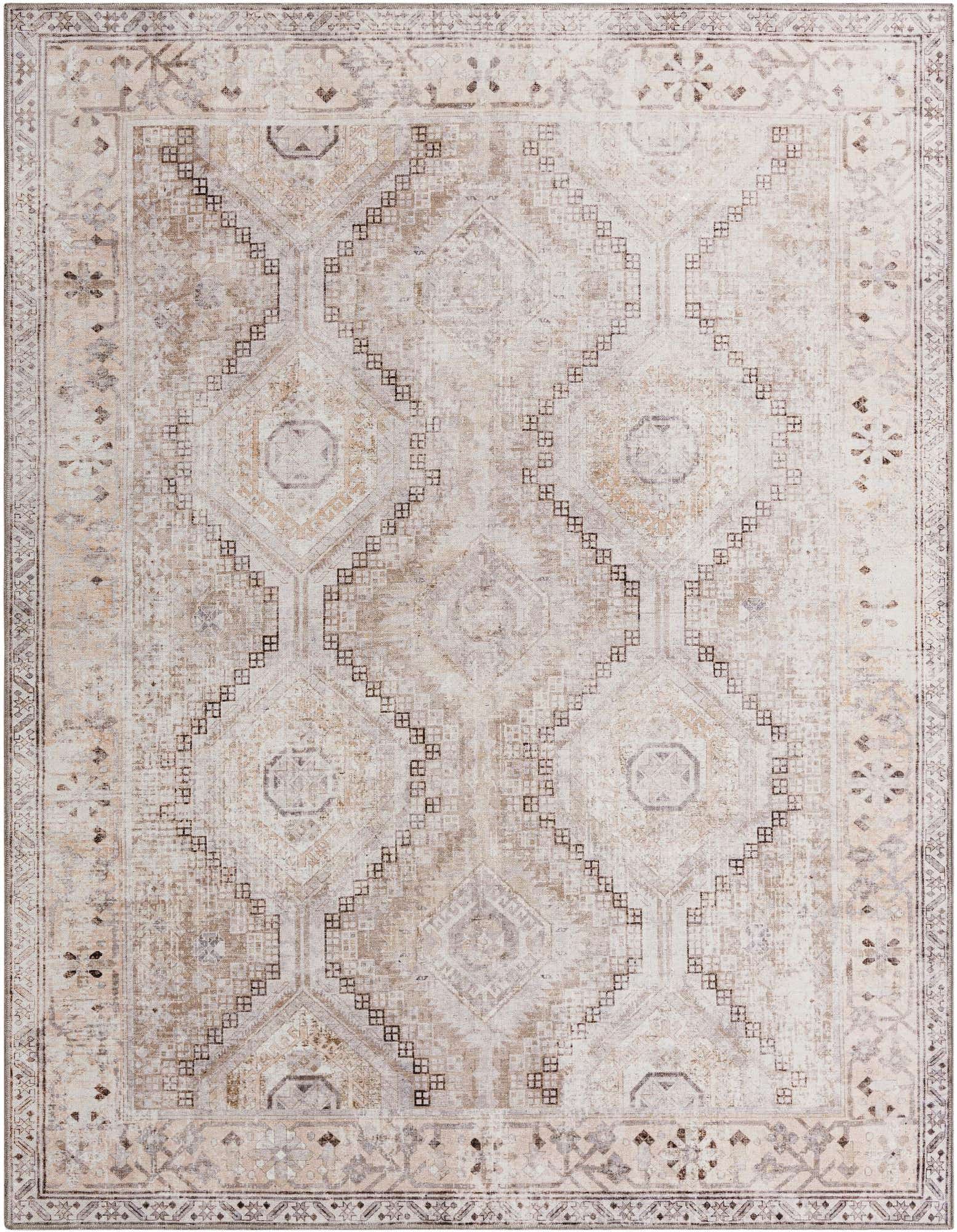 A rectangular 8x10 Yara rug in distressed brown and ivory, featuring a geometric pattern with a subtle border.