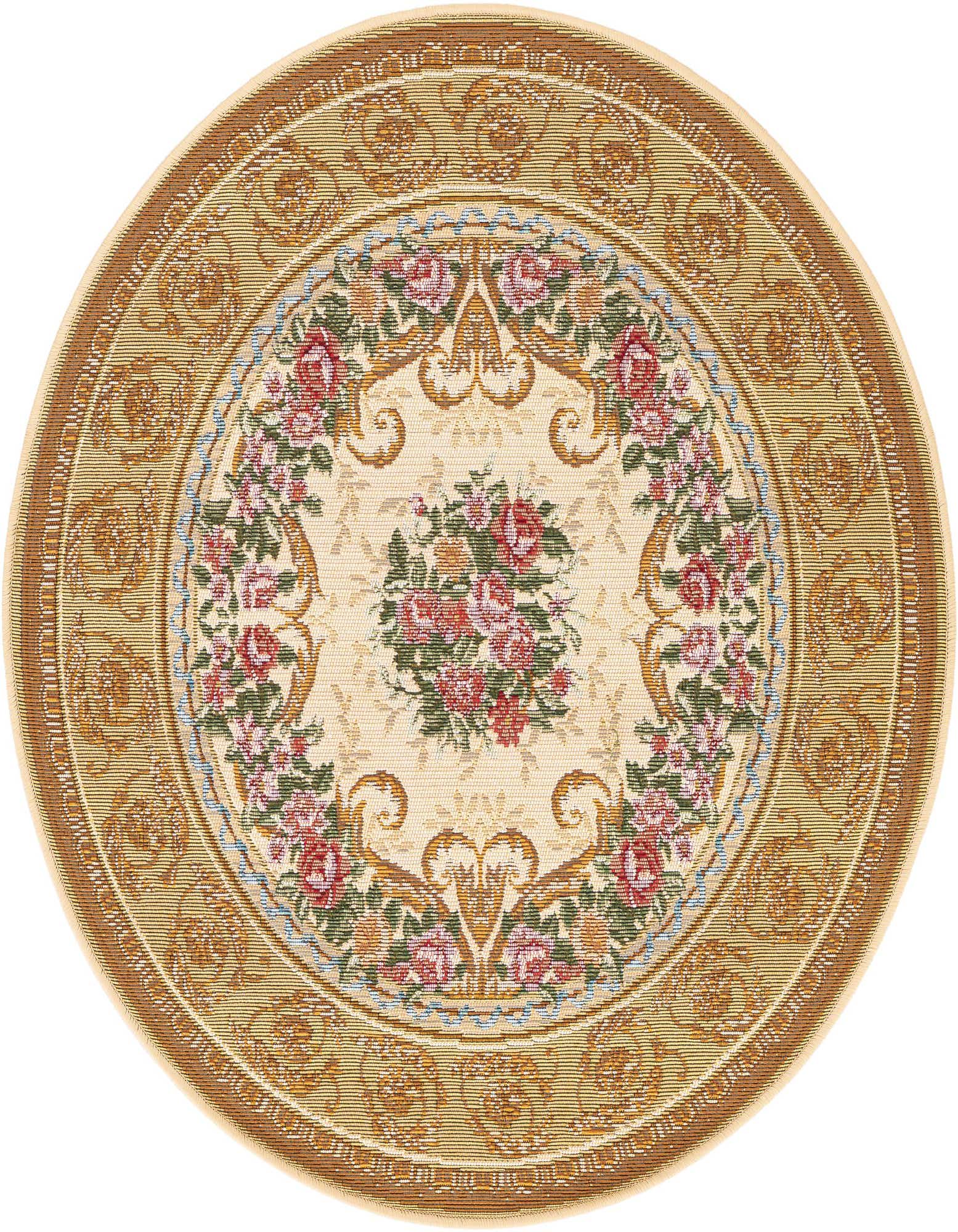 A 3' round brown and ivory modern rug with a central floral medallion and an ornate border, suitable for indoor/outdoor use.