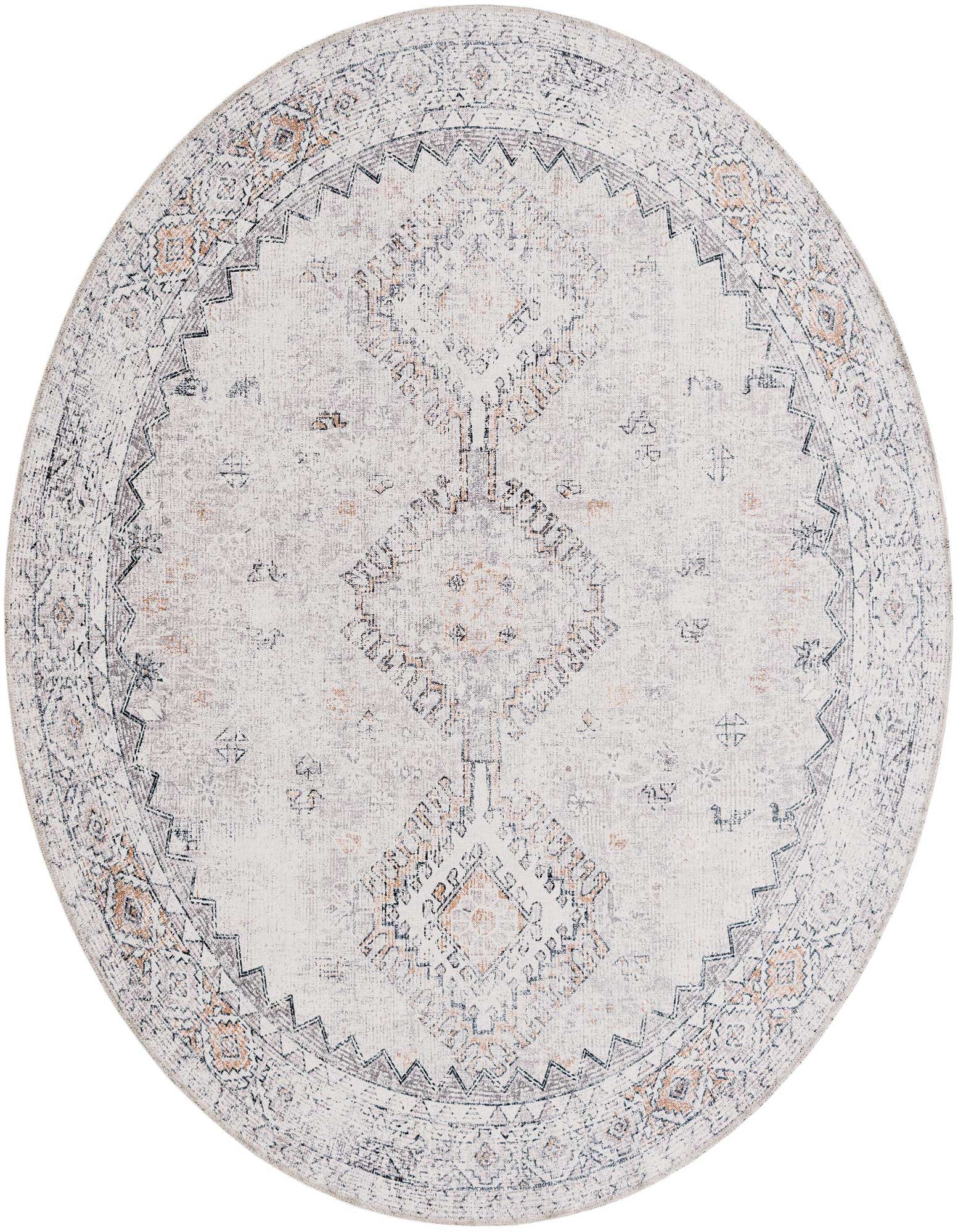 A 7' 10 x 7' 10 round Rugs.com Yara rug in cream and brown with a distressed geometric pattern.