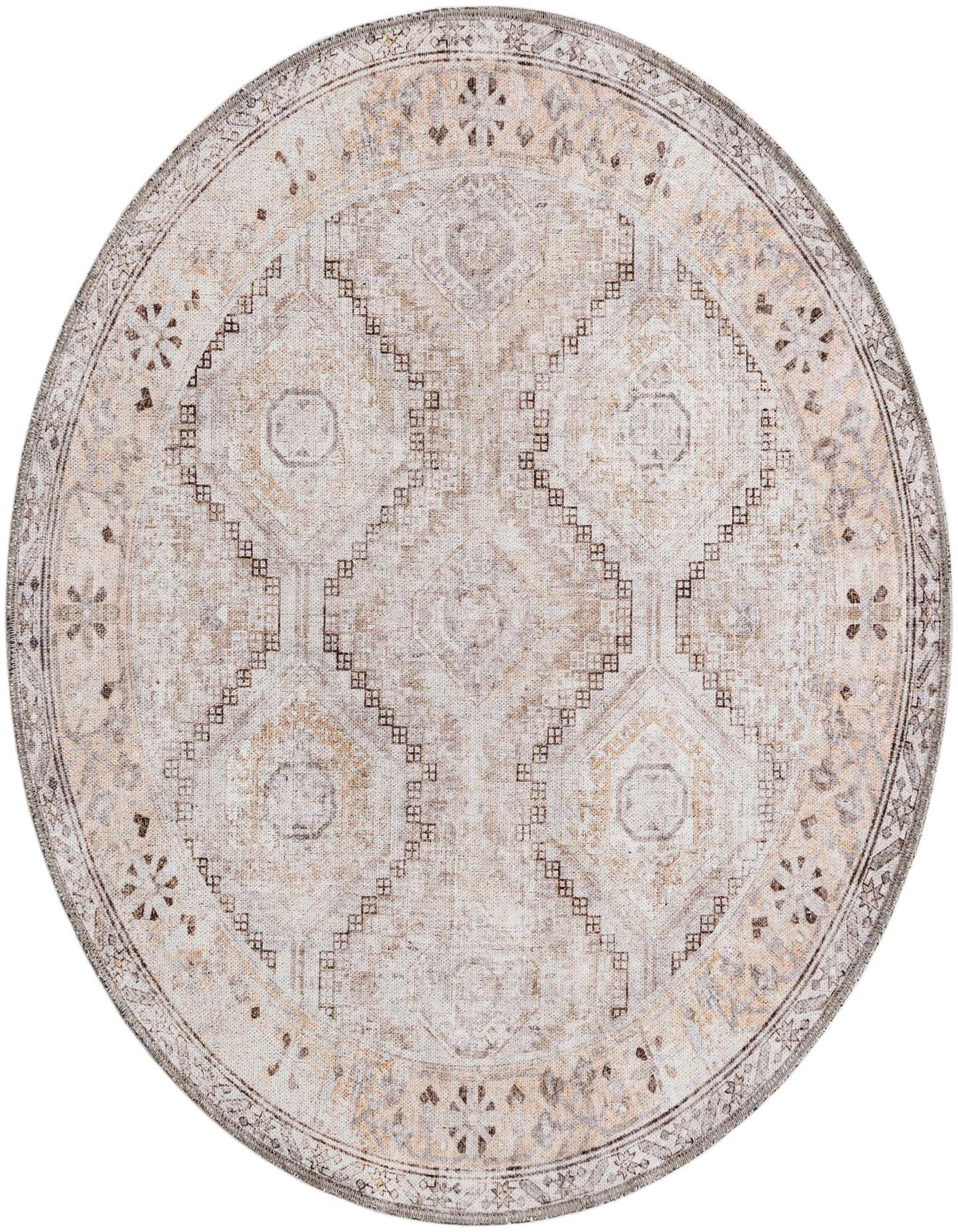 A 4' round brown and ivory rug with a distressed geometric pattern and decorative border, suitable for various indoor spaces.