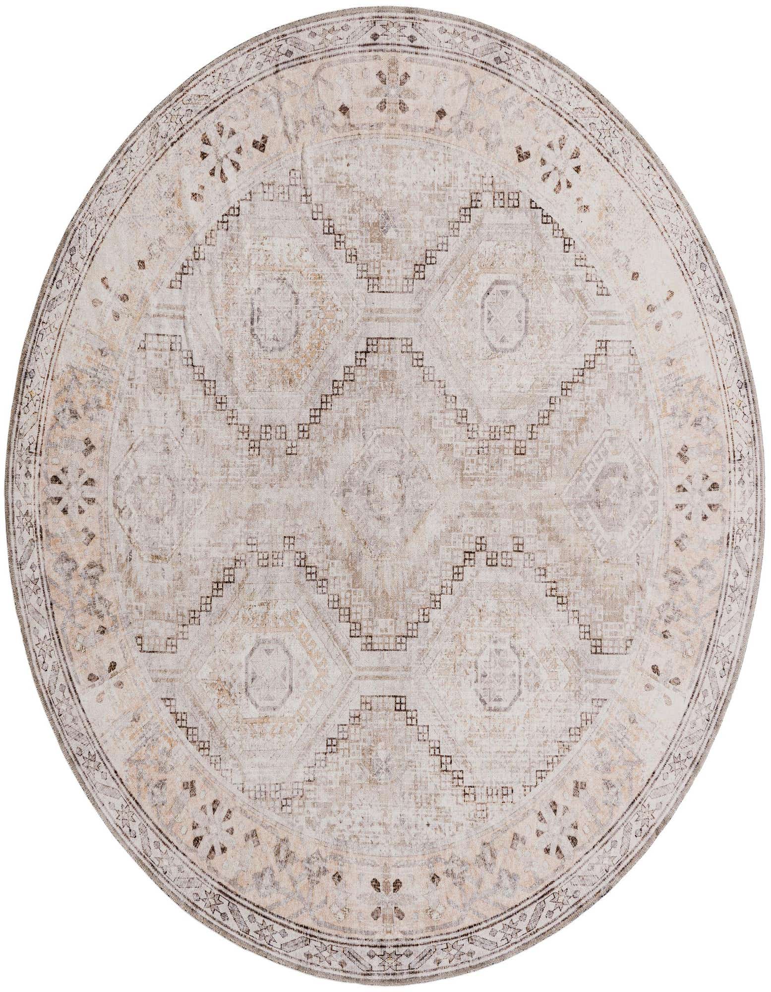A round 7' 10 x 7' 10 Yara rug in browns, tans, and ivories with a distressed geometric pattern and decorative border.