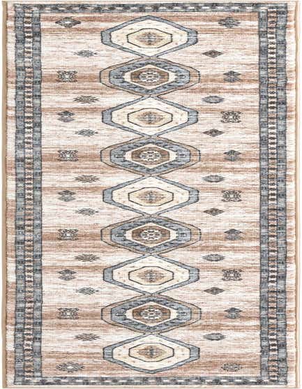 A 10 ft runner rug in shades of brown, tan, and ivory, featuring a distressed geometric pattern with central medallions and a decorative border, perfect for a hallway.