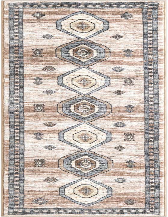 A long 8 ft runner rug featuring a distressed brown and ivory background with a central pattern of large geometric diamonds in blue, brown, and cream, flanked by striped borders.