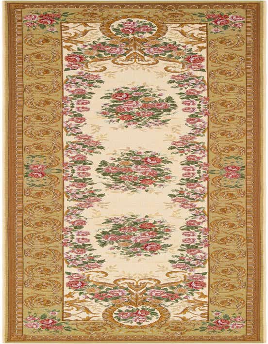 A 10 Ft Runner rug with a cream center, featuring bouquets of pink and red roses, surrounded by a gold and brown traditional border.