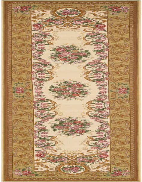 A 12 ft runner rug with a traditional floral design in browns, tans, and creams, featuring rose bouquets.