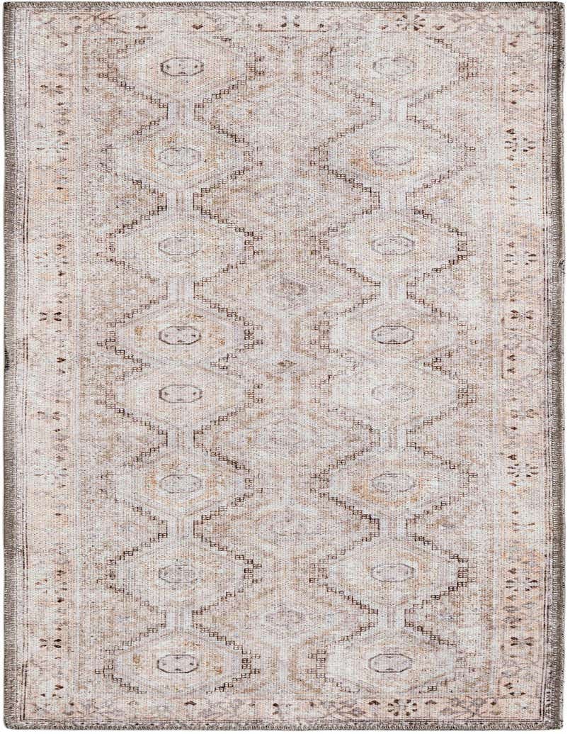 A 5 ft runner rug in shades of brown, tan, and cream with a distressed geometric pattern, suitable for a hallway.