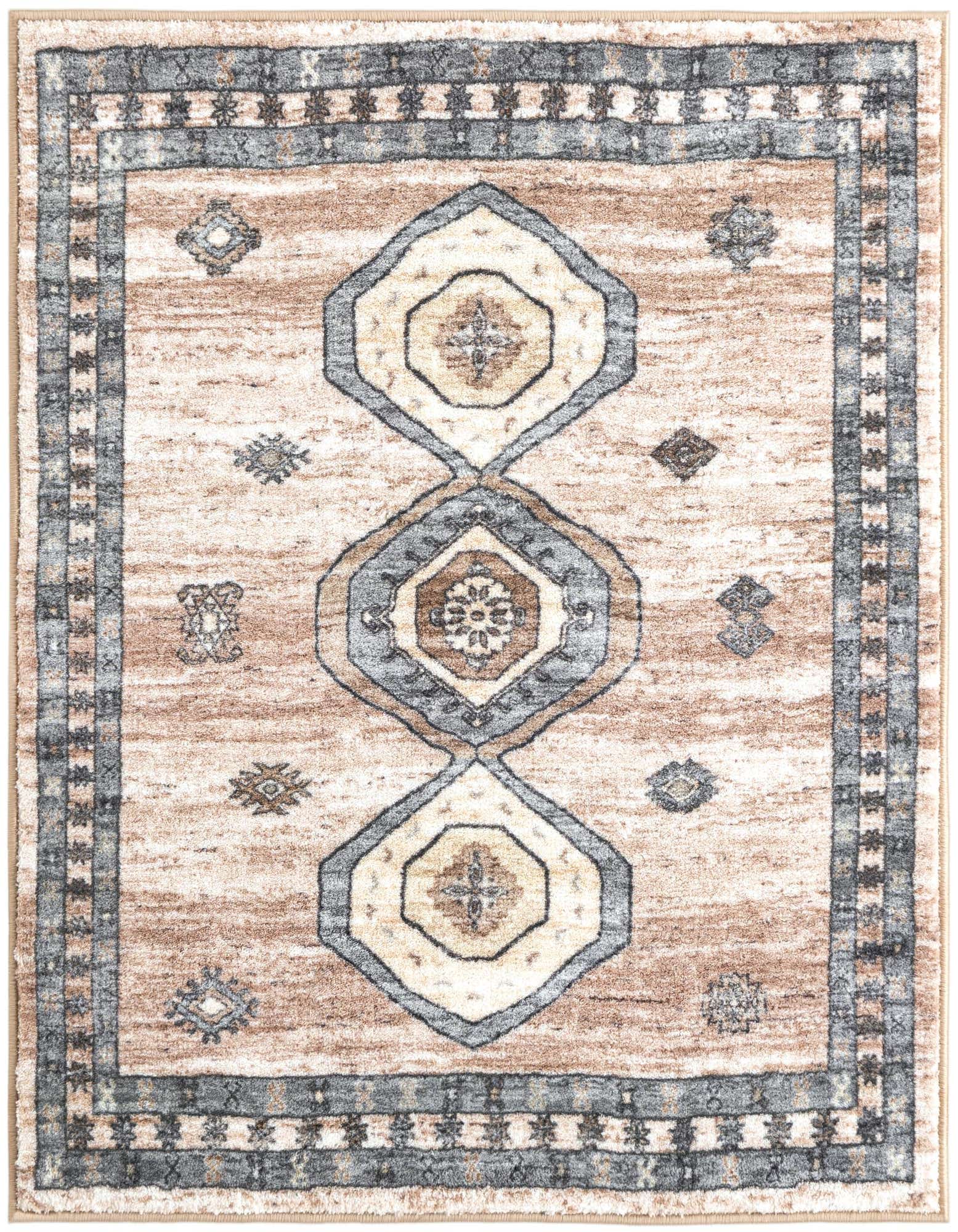 A 3' 3 x 3' 3 square Medina rug featuring a central medallion design in brown, tan, ivory, and grey tones.