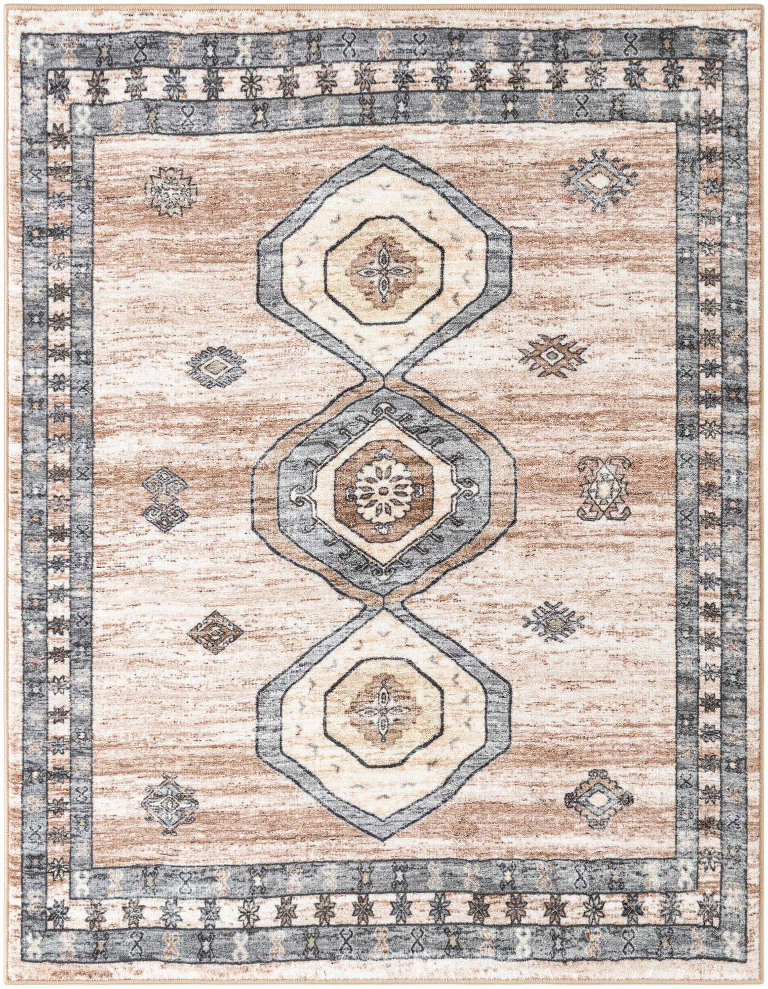 A 5'3" x 5'3" square Medina rug featuring a distressed brown and ivory background with a central column of large octagonal medallions in blue, cream, and brown, surrounded by smaller geometric motifs and a patterned border.