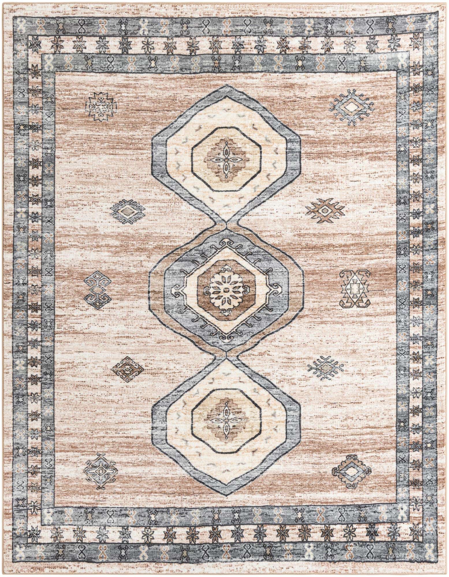 A square Medina collection rug from Rugs.com with a distressed brown and ivory field, featuring a central medallion and geometric patterns in shades of brown, tan, and cream.