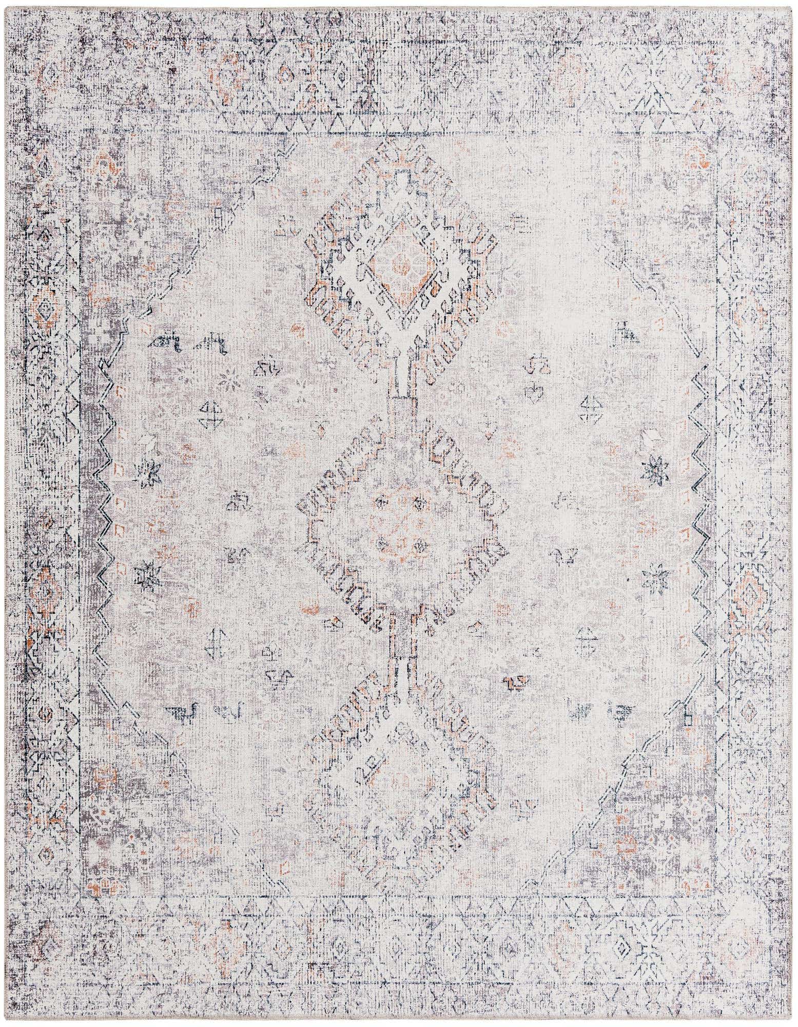 A 7' 10 x 7' 10 square rug featuring a distressed bohemian pattern in ivories, creams, browns, and tans.