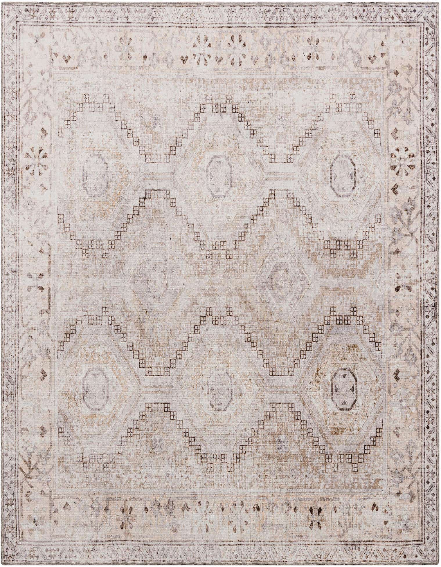A 7' 10 x 7' 10 square Rugs.com Yara rug with a distressed geometric pattern in browns, tans, and ivories.