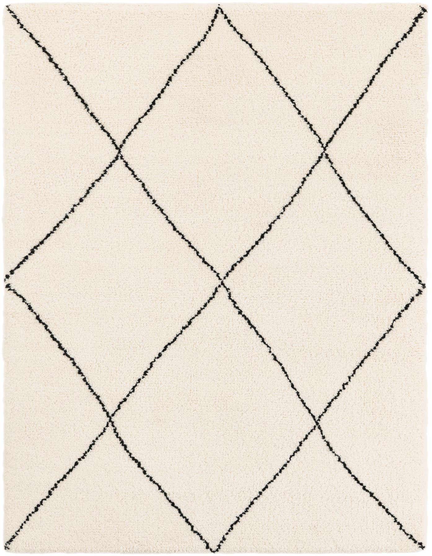 A 4x6 rectangular Safiya Moroccan Wool rug featuring a cream background with a black tribal diamond pattern.