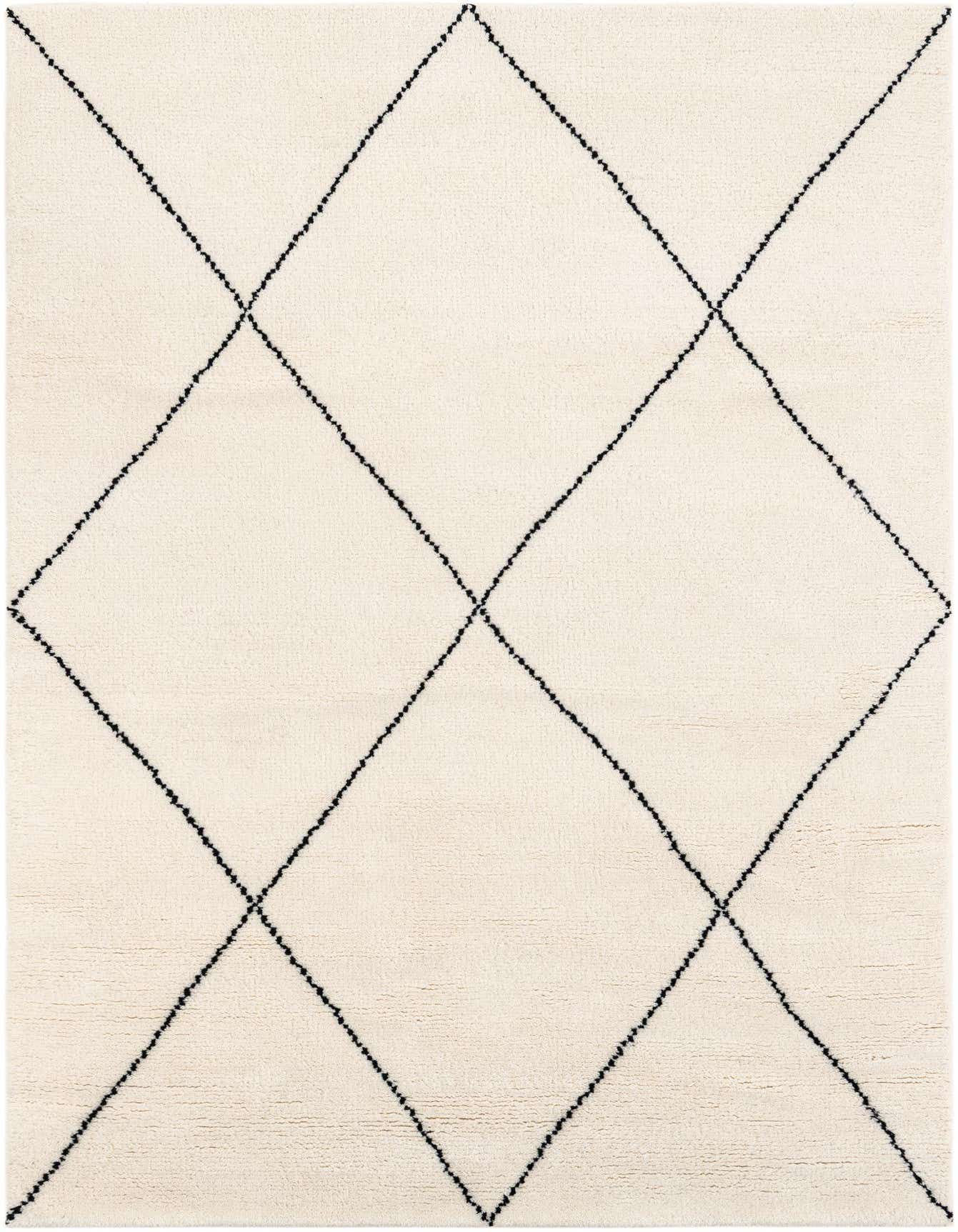 A 5x8 rectangular Safiya Moroccan wool rug featuring a cream background with a black tribal diamond pattern.