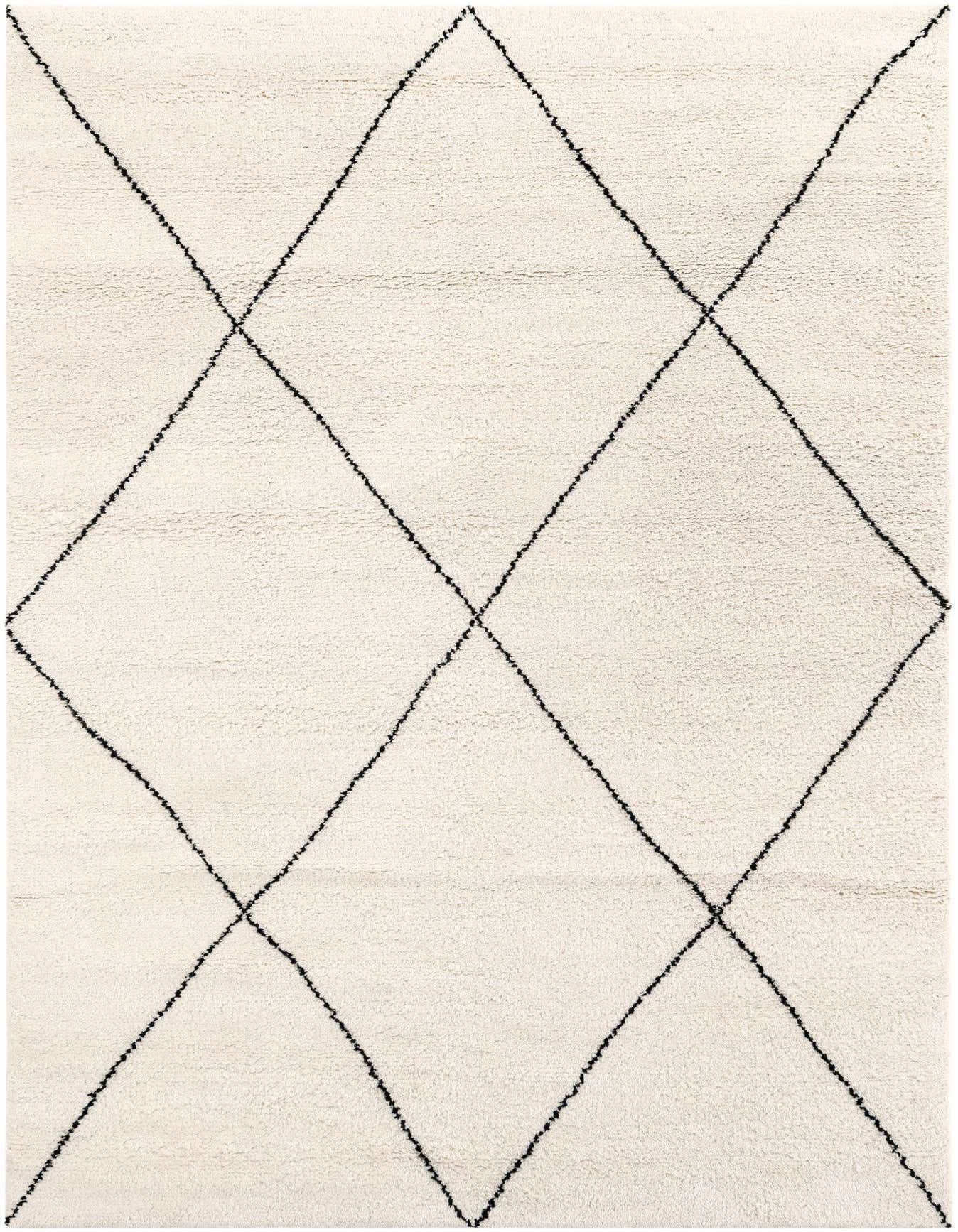A 6x9 rectangular Safiya Moroccan Wool rug featuring a cream background with a black tribal diamond pattern.