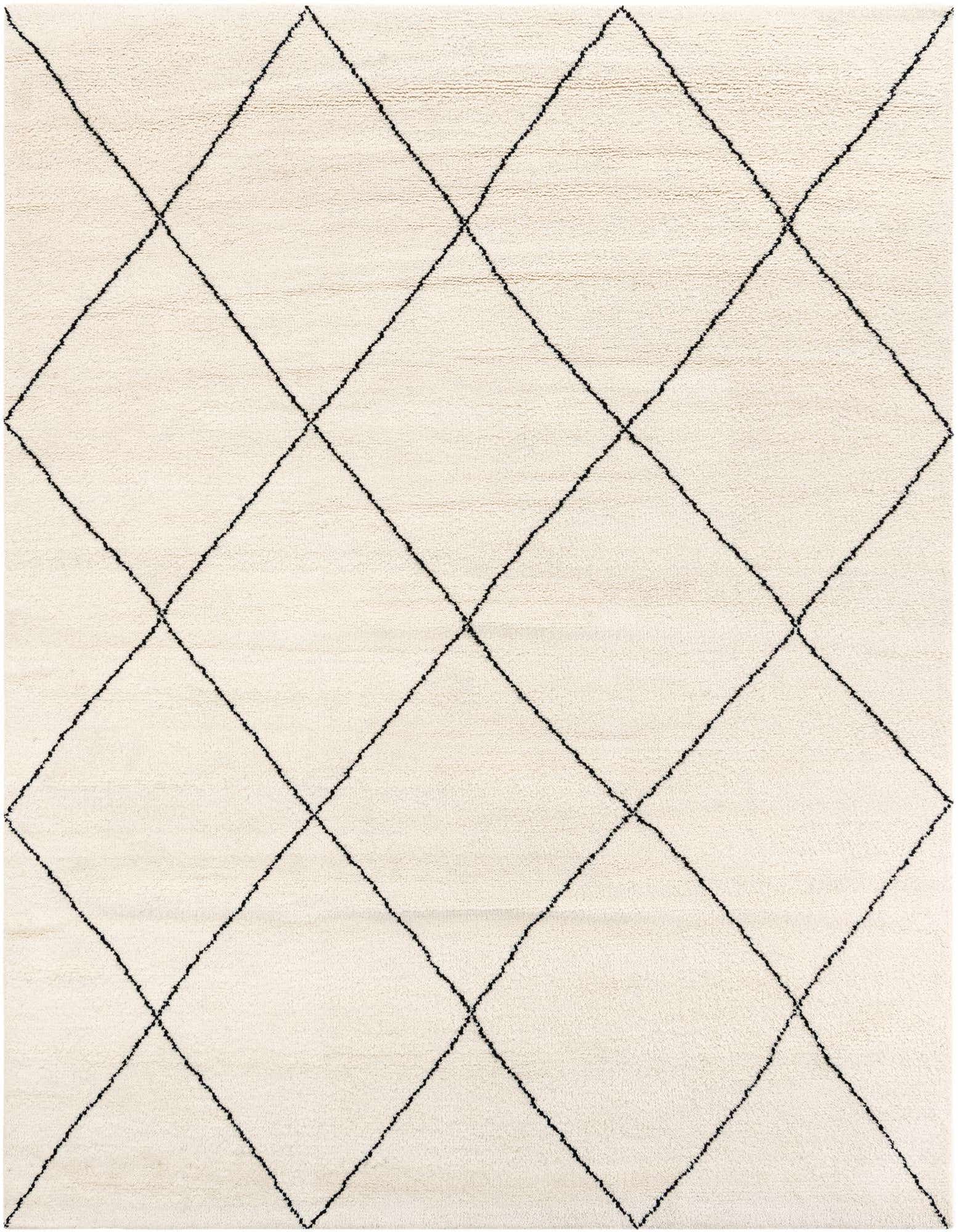 A rectangular 8x10 Safiya Moroccan wool rug with a cream background and a bold black diamond pattern.