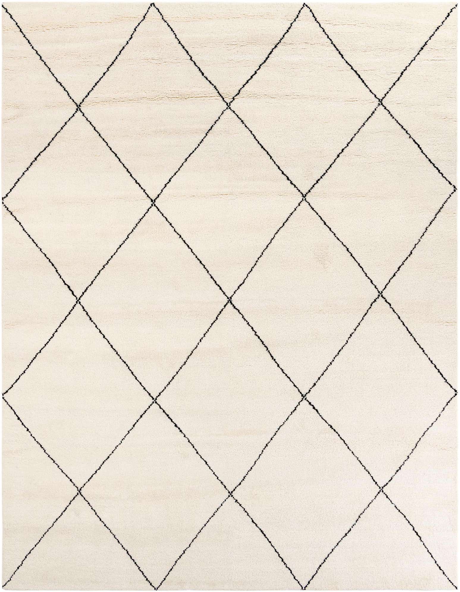 A 9x12 rectangular Safiya Moroccan wool rug featuring a modern tribal black diamond pattern on a creamy white background.