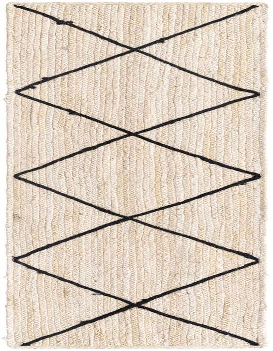 An 8 ft runner rug from the Braided Jute collection, featuring a natural white braided jute base with a bold black diamond pattern, perfect for a hallway.