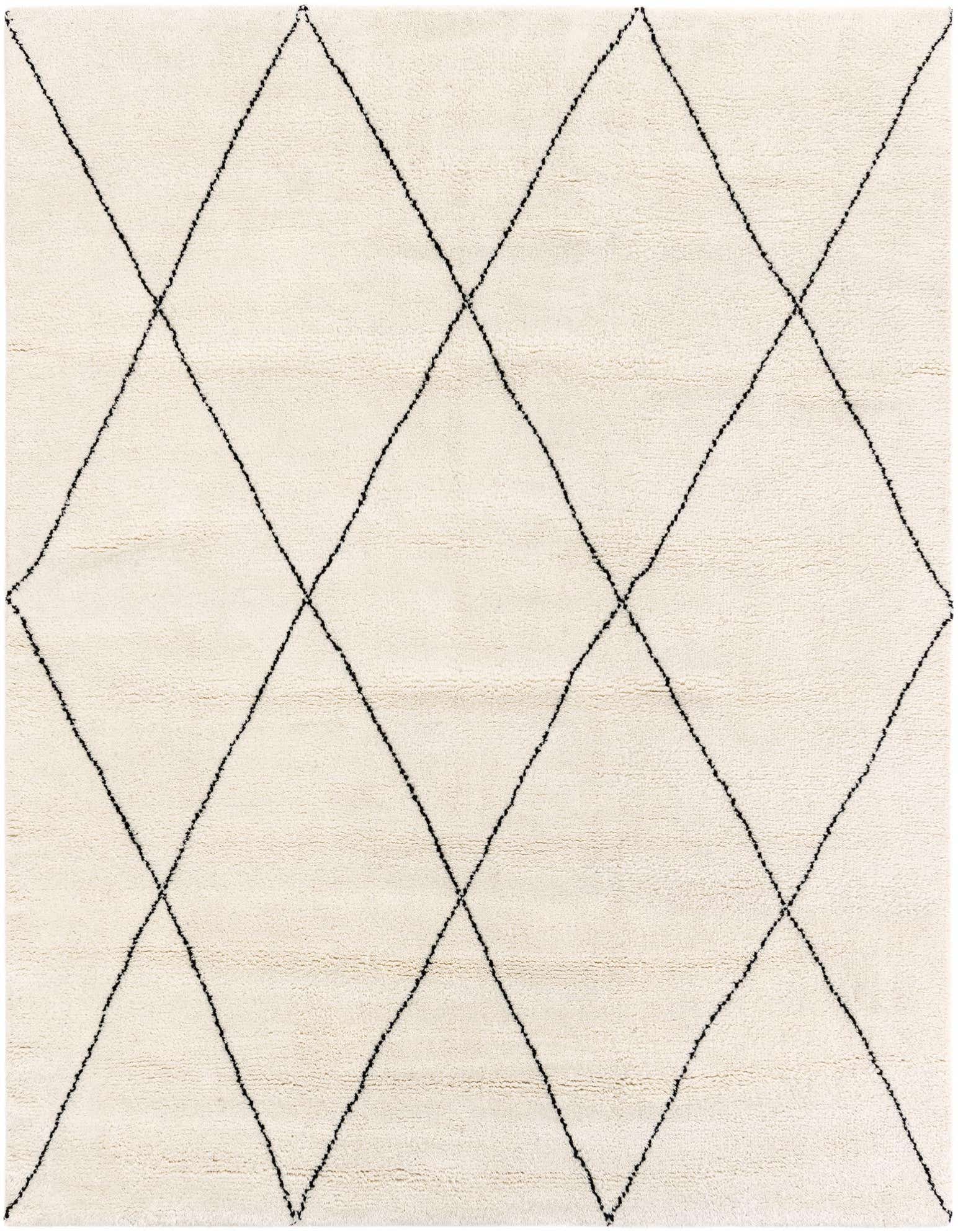 A 10'x10' square Safiya Moroccan rug with a cream background and black tribal diamond pattern.