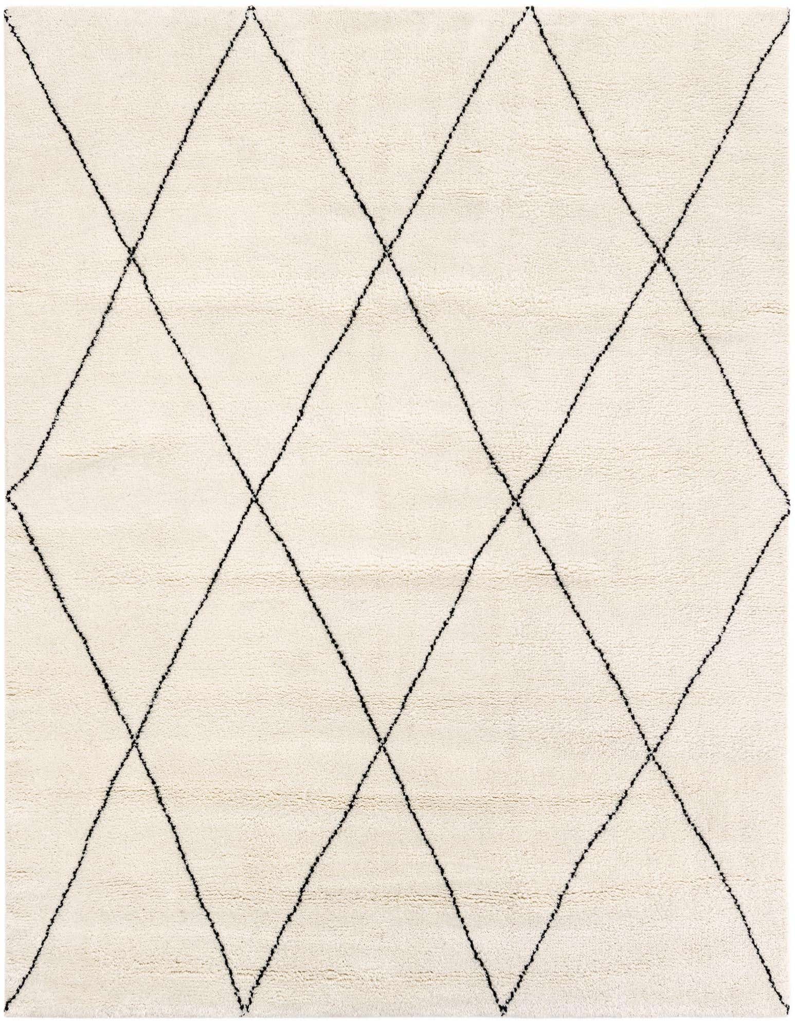 A square 8' x 8' Safiya Moroccan wool rug with a cream background and black tribal diamond pattern.