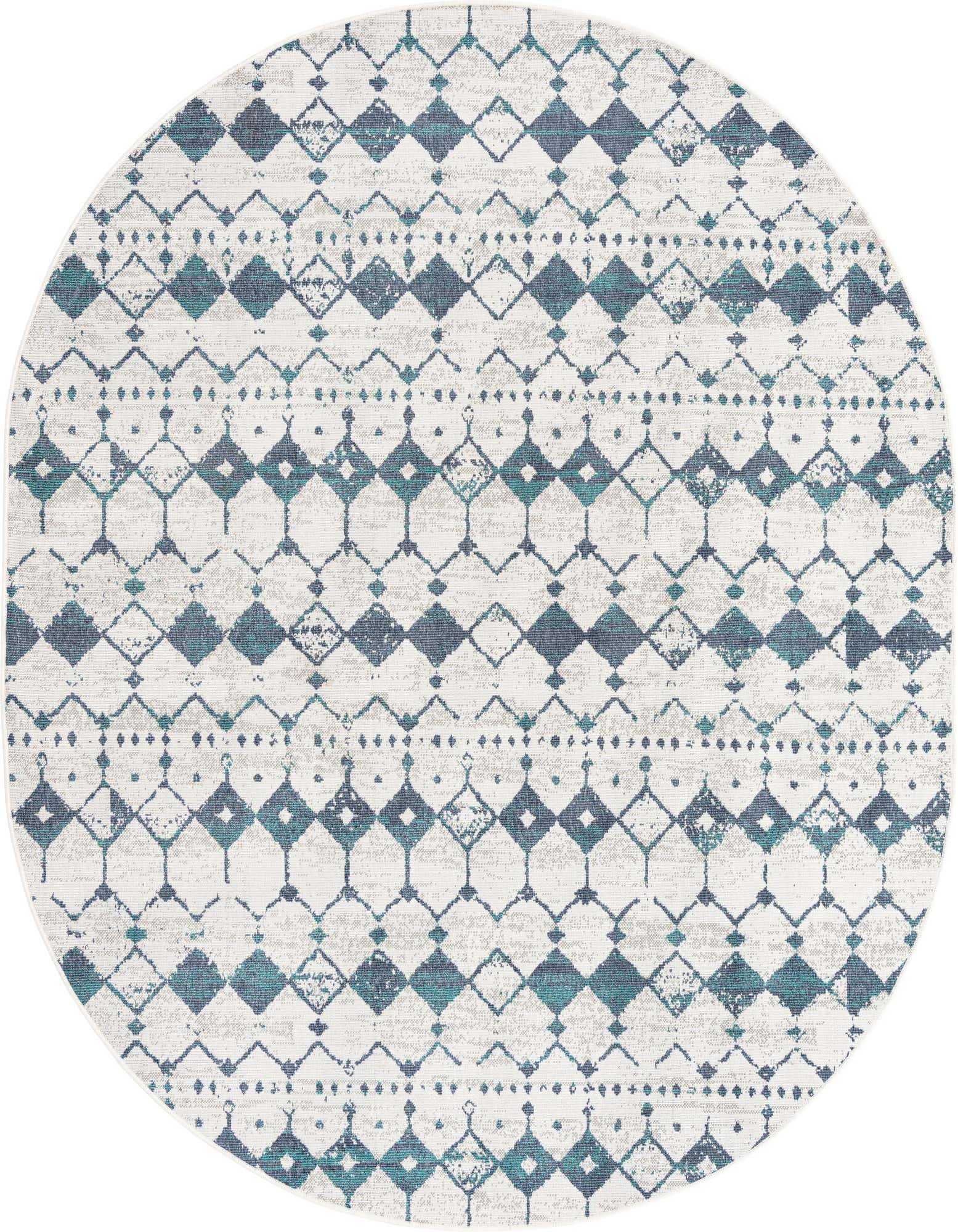 Oval blue and white transitional rug with a distressed geometric diamond pattern, suitable for indoor or outdoor use.
