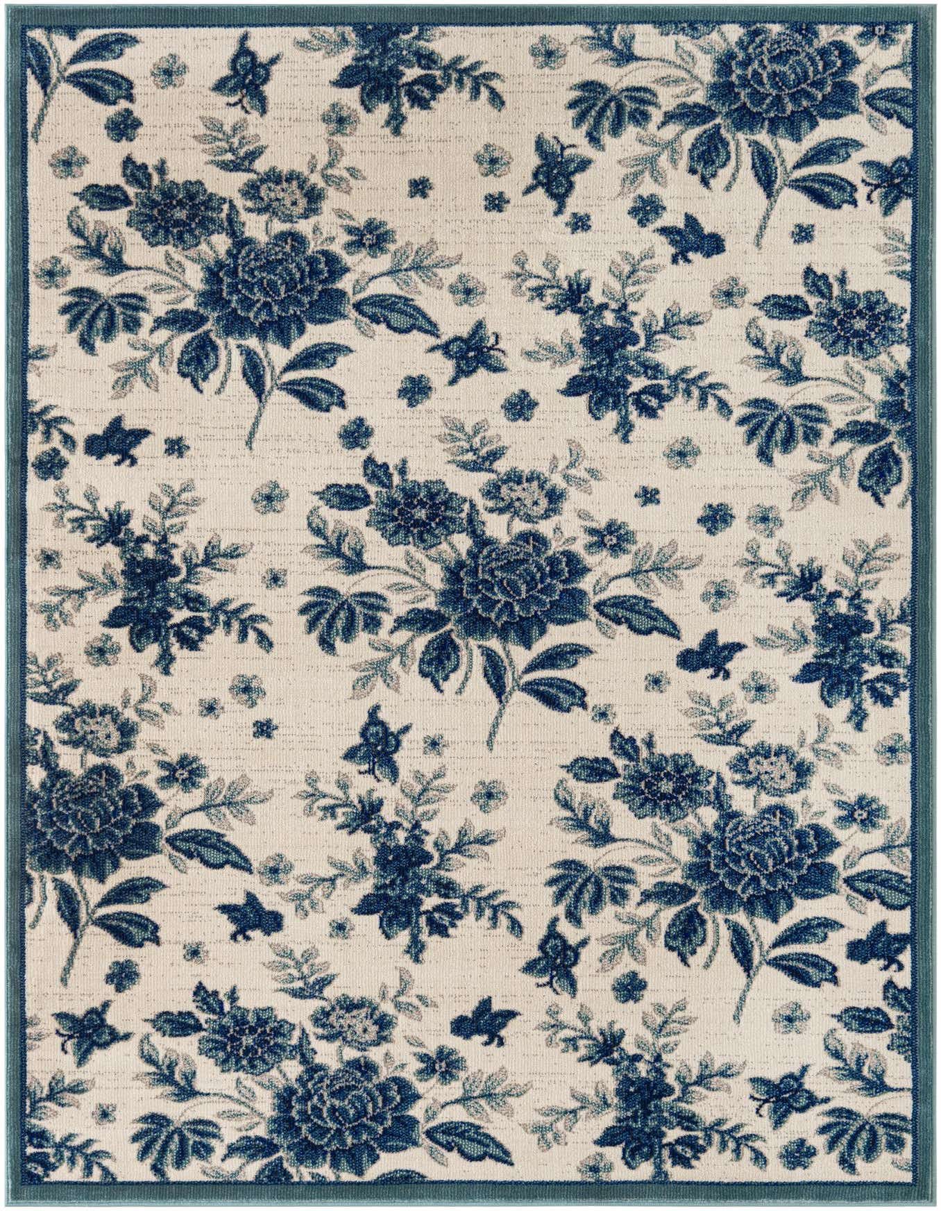 A 4x6 rectangular indoor rug with a cream background and a dense pattern of blue floral motifs and small butterflies, framed by a solid blue border.