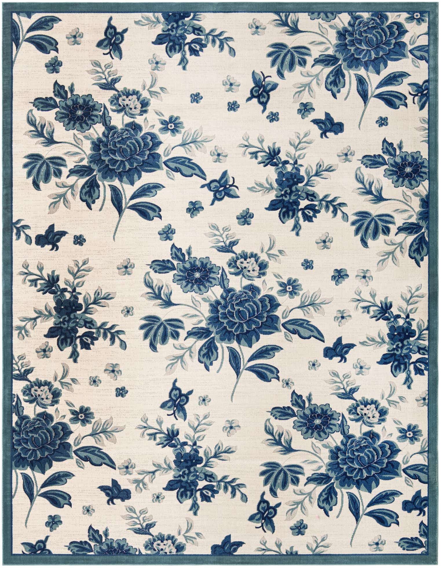 A 9x12 rectangular indoor rug featuring a vibrant blue floral and butterfly pattern on a cream background, with a matching blue border.