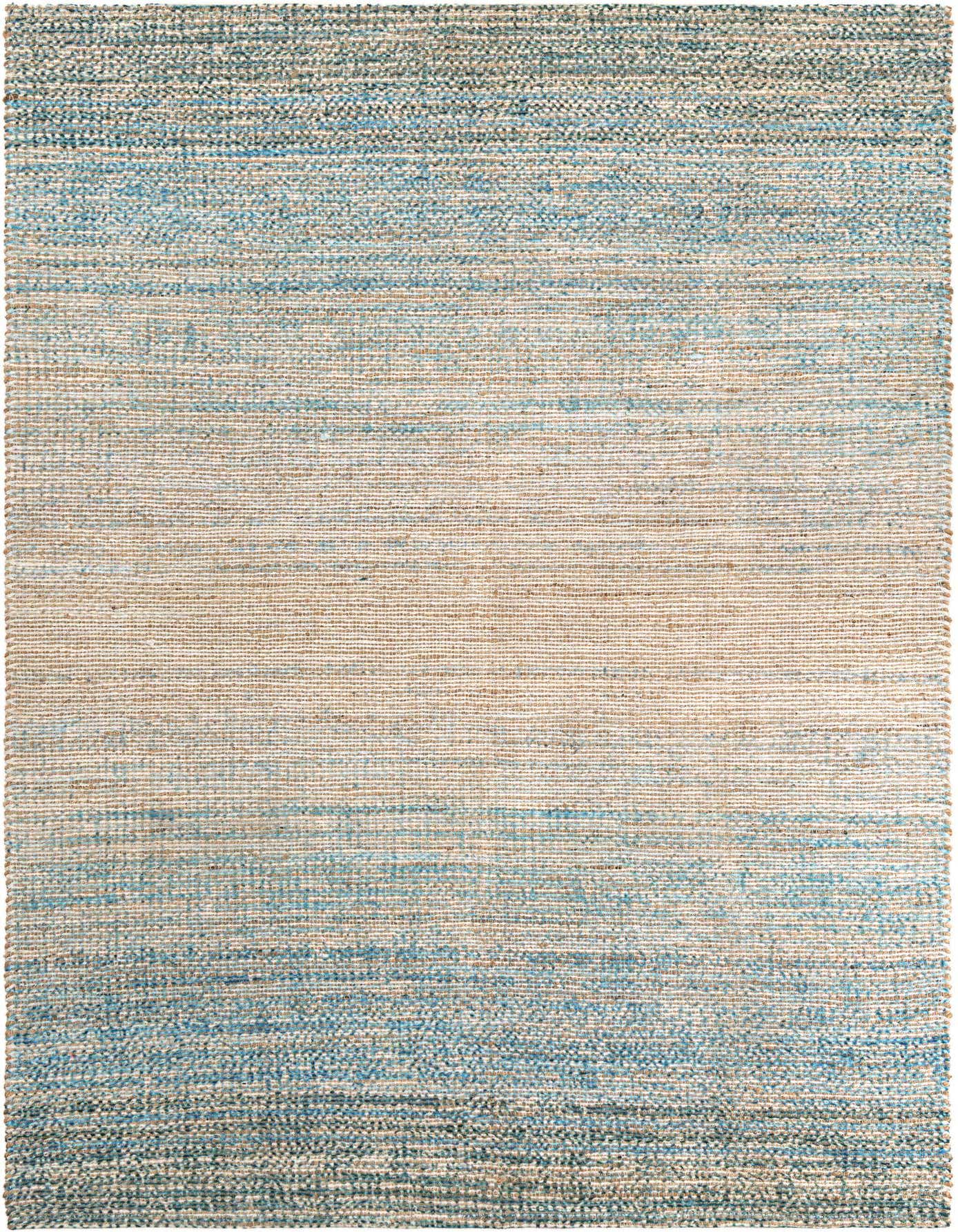 A 6x9 rectangular Chenille Jute rug featuring a modern medallion pattern in varying shades of blue and natural jute tones.