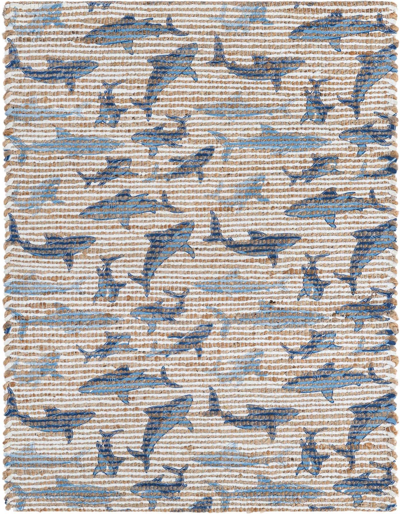 A 2x3 rectangular Chenille & Jute rug with a modern shark pattern in various shades of blue on a natural tan and white striped background.