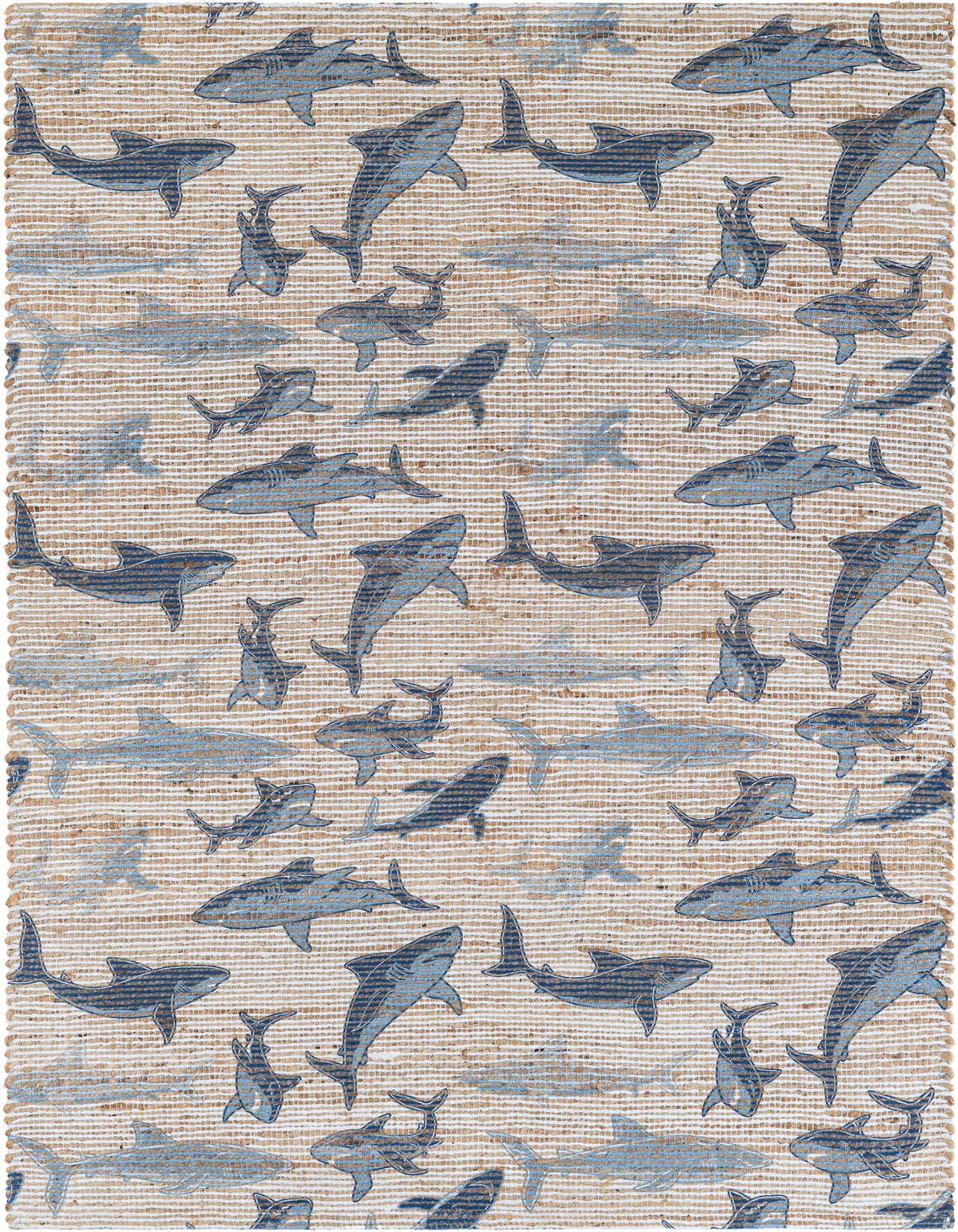 A 4x6 rectangular Chenille & Jute rug featuring a playful pattern of blue sharks swimming on a natural tan and white striped background.