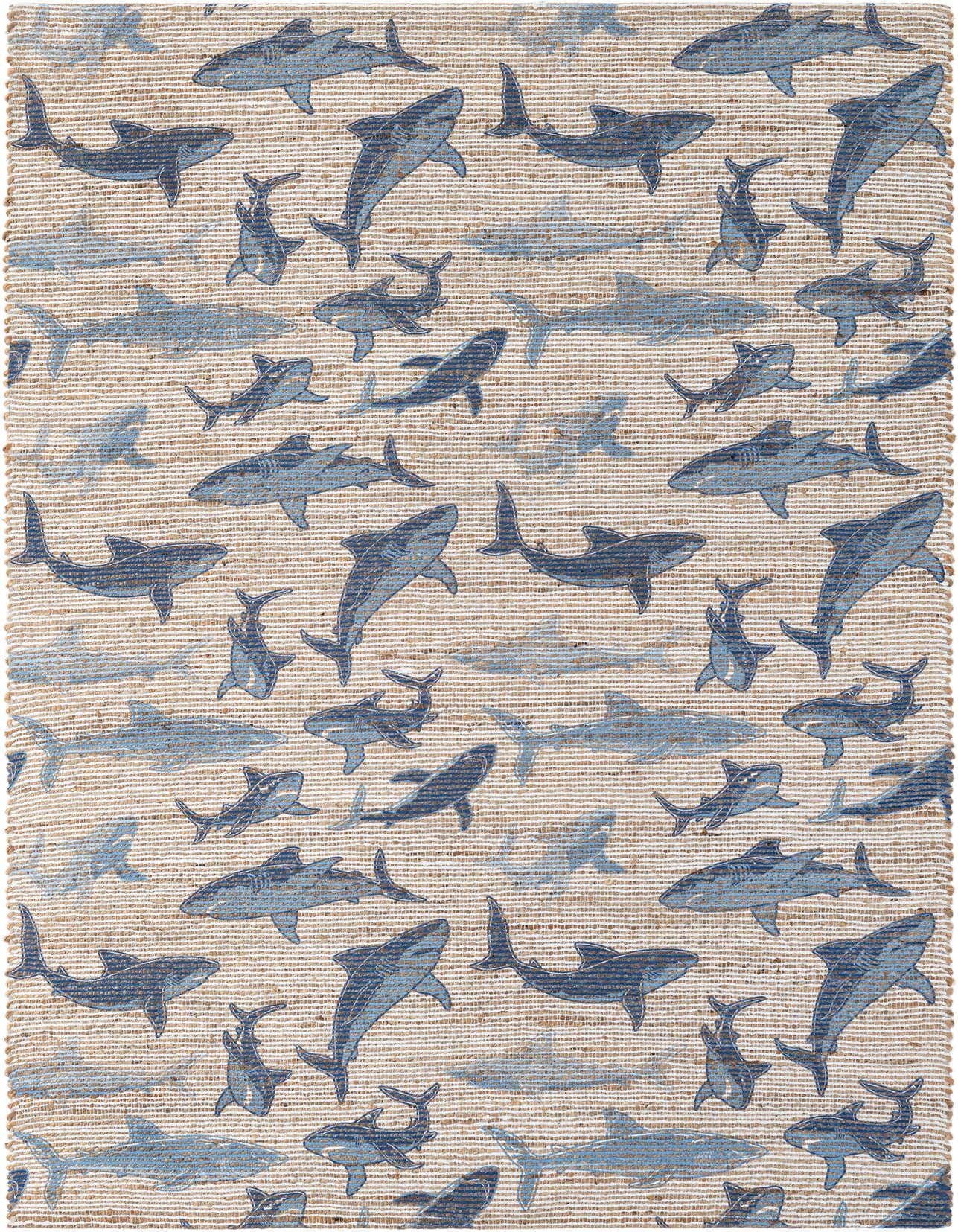 A 5x8 rectangular Chenille Jute rug featuring a playful pattern of various blue sharks swimming on a natural tan background.