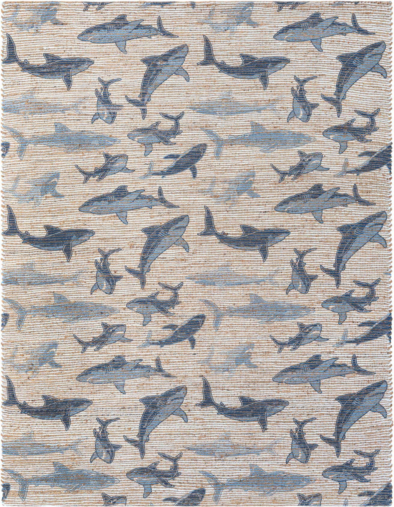 A 6x9 rectangular Chenille & Jute rug featuring a playful pattern of various blue sharks swimming on a natural tan and white striped background.