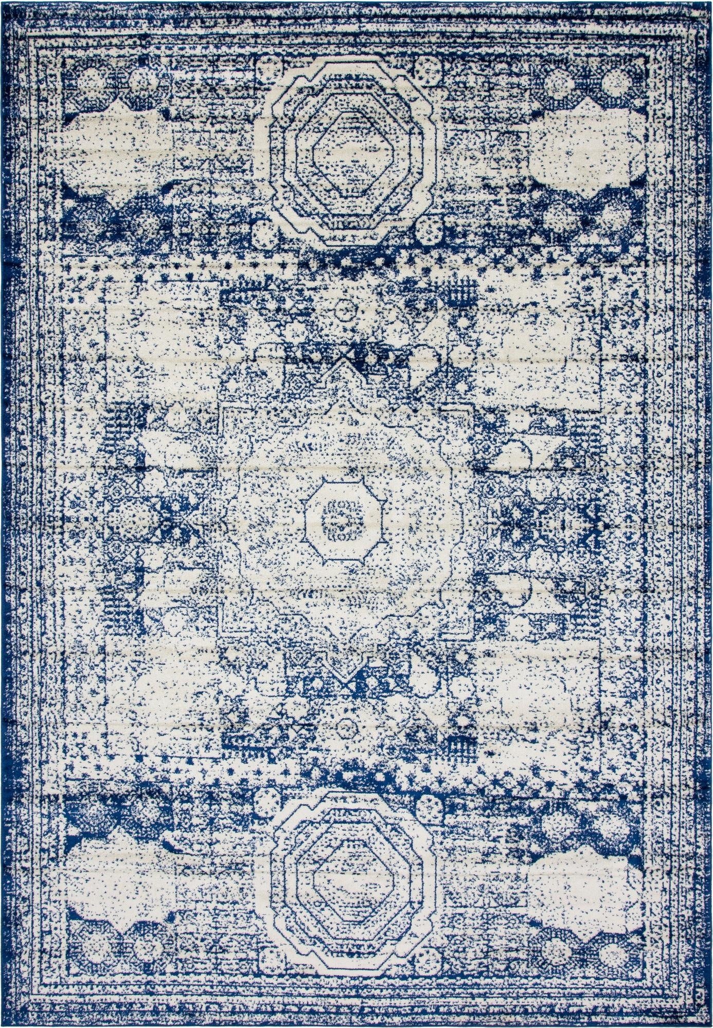 A 10x14 rectangular blue and white shabby-chic area rug with a distressed medallion pattern, suitable for a living room.