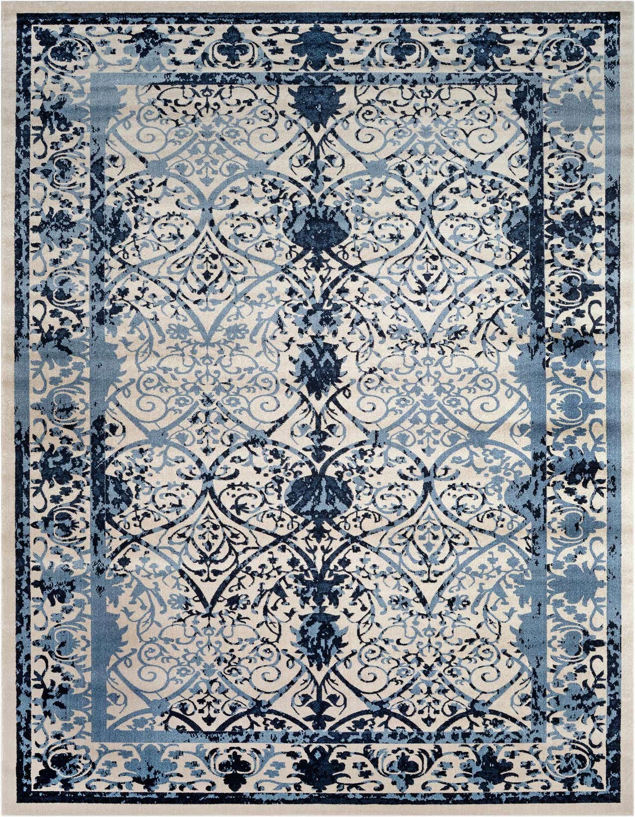Rectangular Rugs.com Miranda Palace rug with a distressed traditional floral pattern in shades of blue and cream.