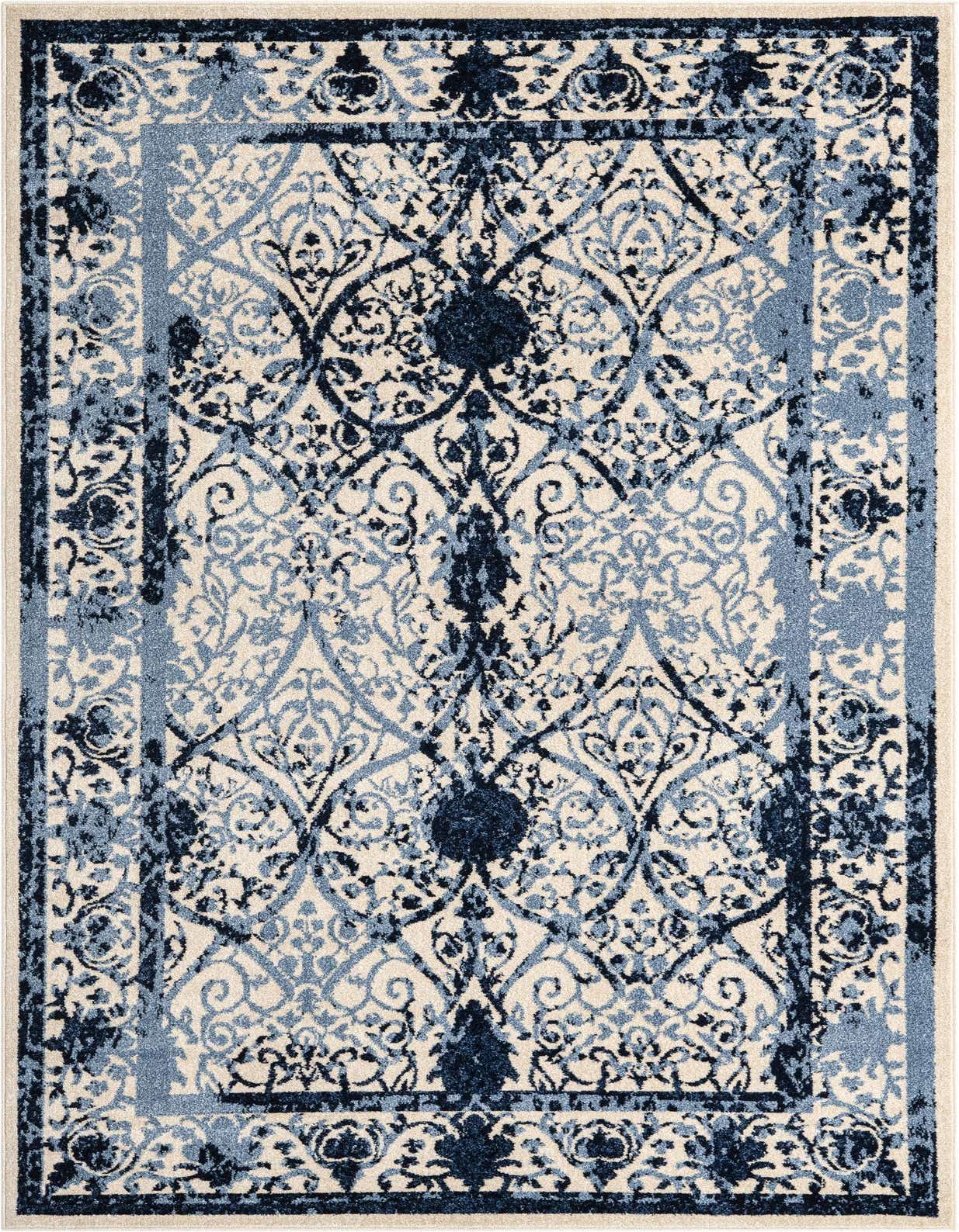 A 5x8 rectangular Rugs.com Miranda rug featuring a traditional floral pattern in various shades of blue and cream.
