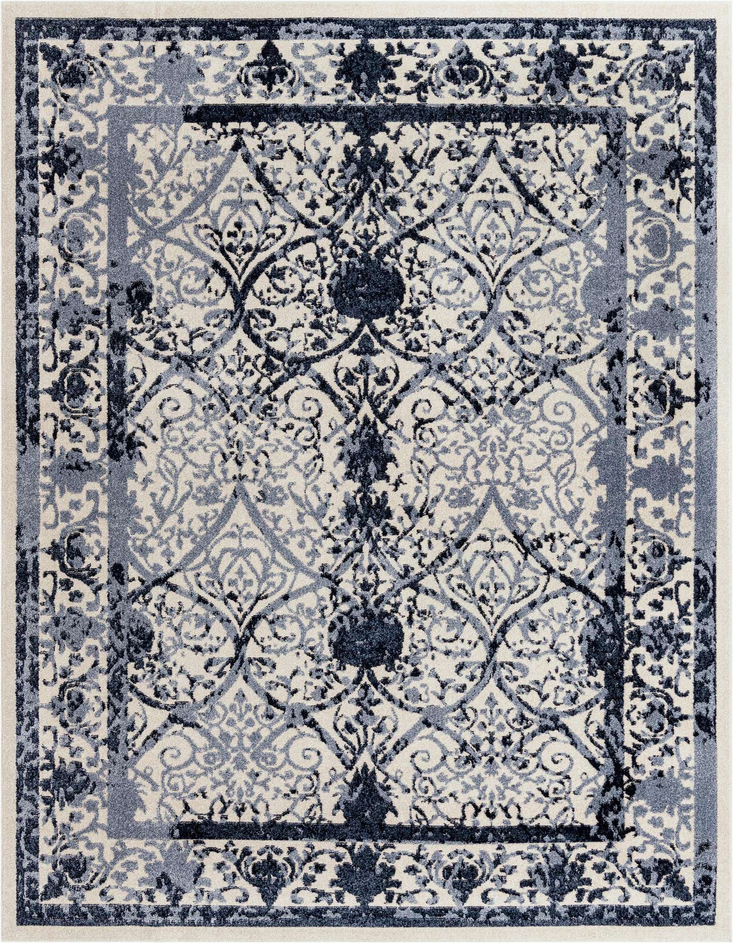 An 8x11 rectangular indoor area rug featuring a distressed traditional floral pattern in various shades of blue and cream.