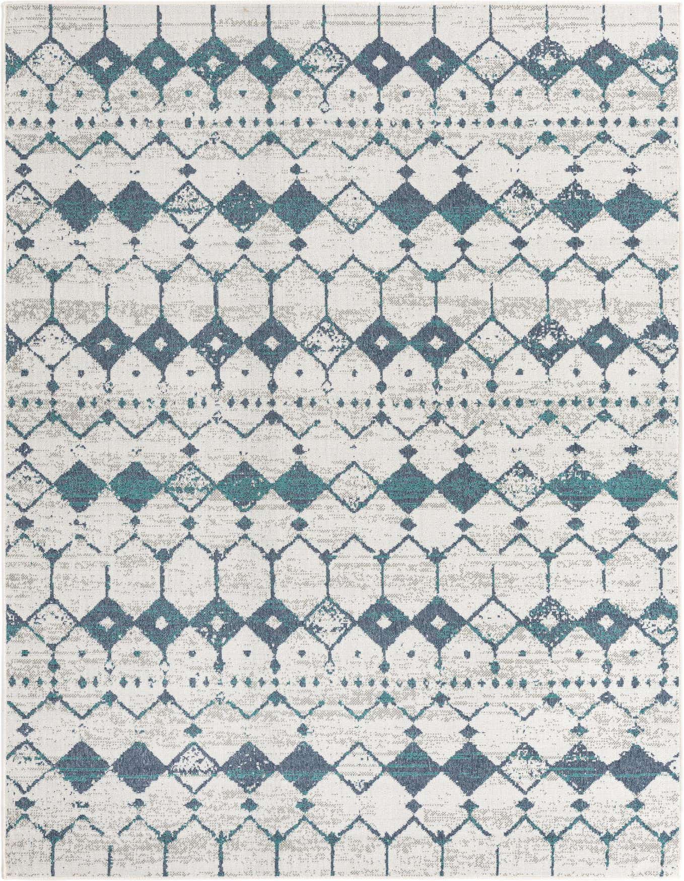 A 6x9 rectangular blue and white indoor/outdoor rug with a modern bohemian lattice and diamond pattern.
